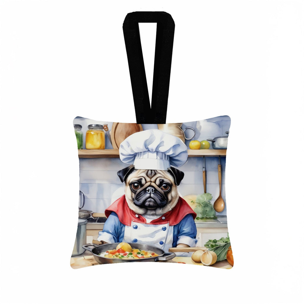 Pug The Chef Hanging Square Fabric Ornament 3.5 × 3.5 Decorative Door-Knob & Tree Hanger, Soft Fabric