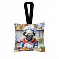 Pug The Chef Hanging Square Fabric Ornament 3.5 × 3.5 Decorative Door-Knob & Tree Hanger, Soft Fabric