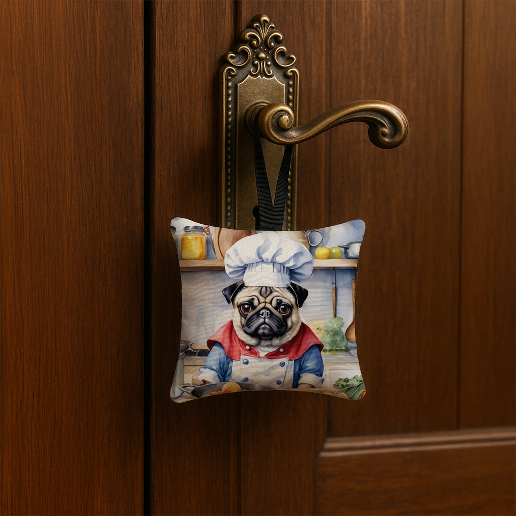 Pug The Chef Hanging Square Fabric Ornament 3.5 × 3.5 Decorative Door-Knob & Tree Hanger, Soft Fabric