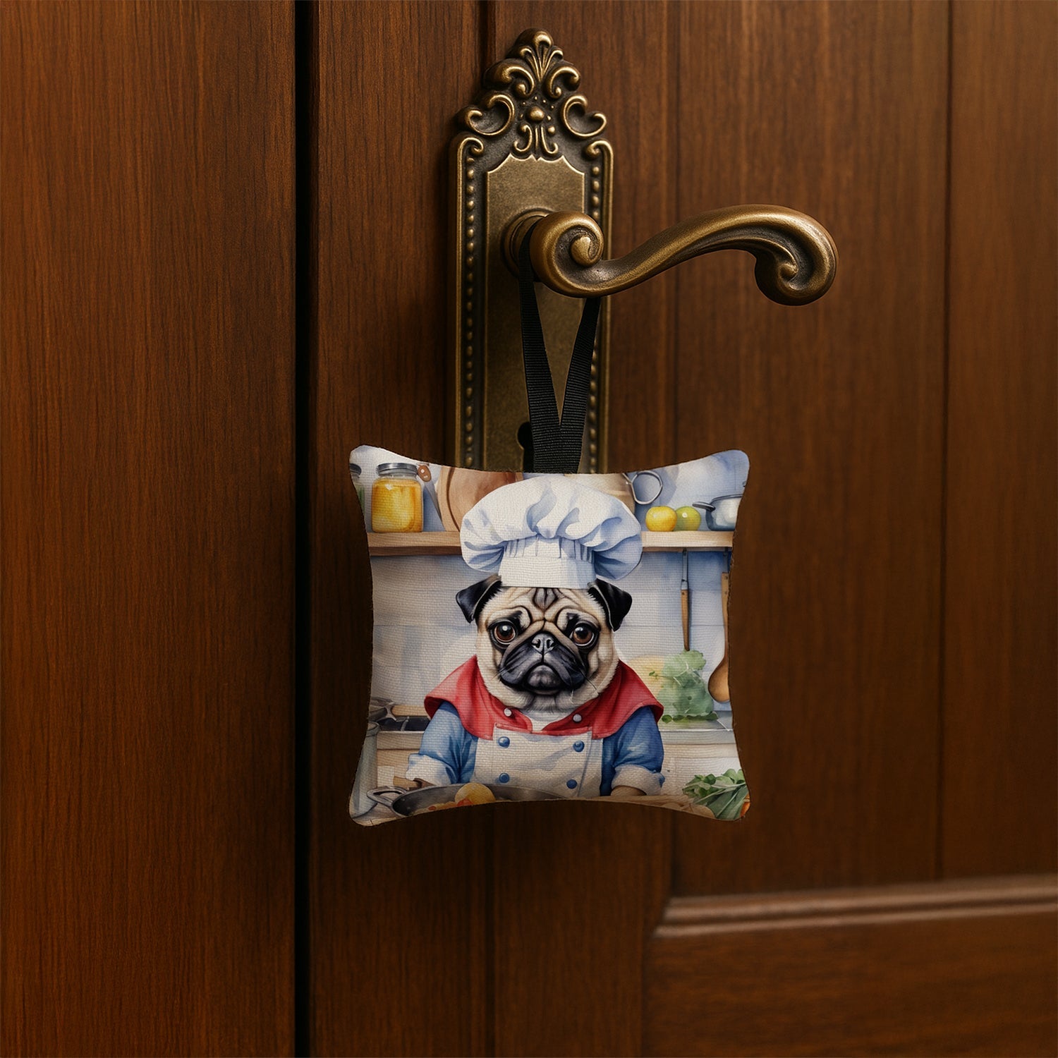 Pug The Chef Hanging Square Fabric Ornament 3.5 × 3.5 Decorative Door-Knob & Tree Hanger, Soft Fabric