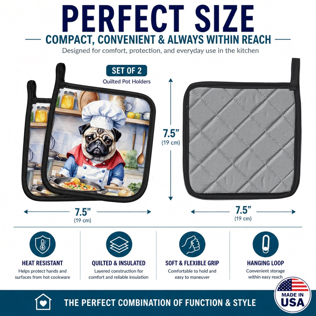 Pug The Chef Pot Holder Set of 2 Heat Resistant Quilted Hot Pads 7.5 x 7.5 Inch, Insulated Kitchen Trivets for Cooking & Baking
