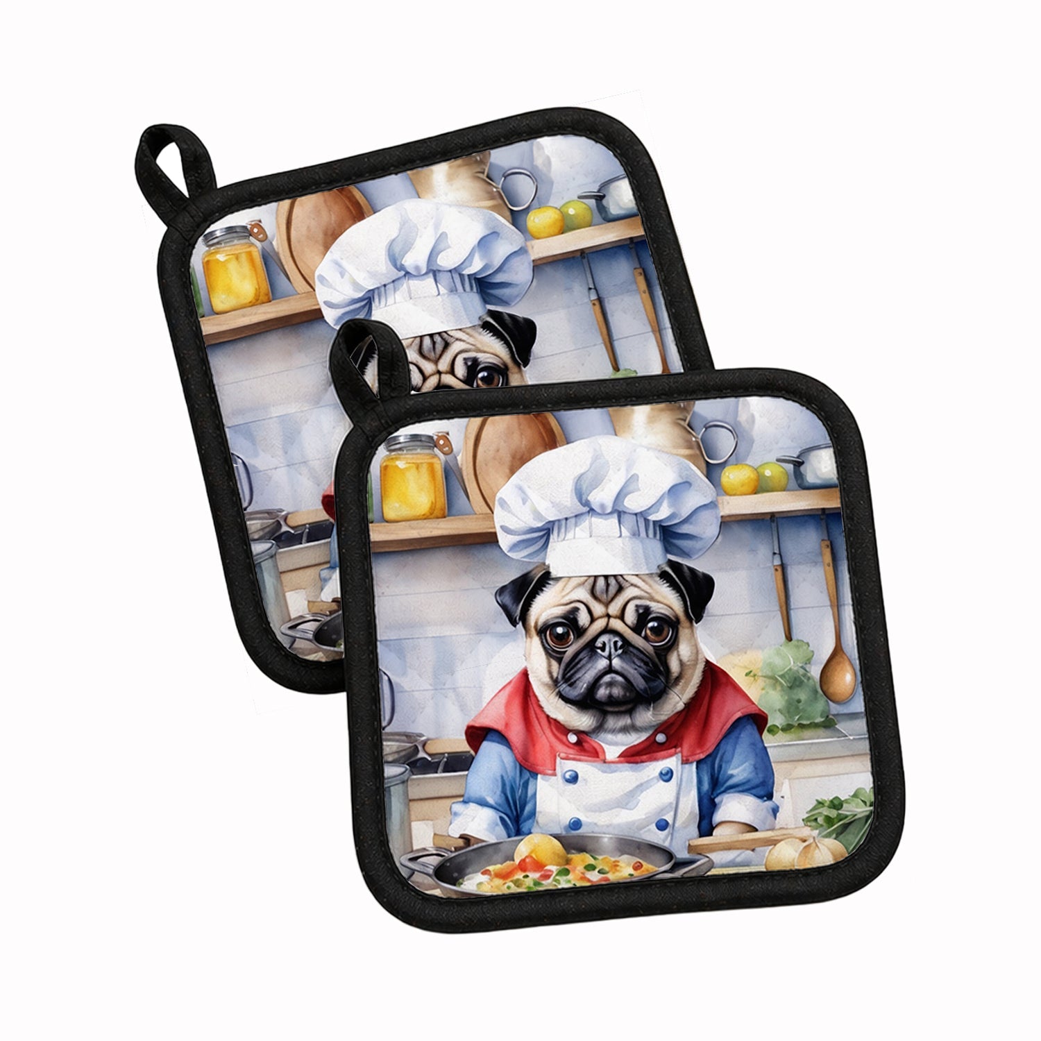 Pug The Chef Pot Holder Set of 2 Heat Resistant Quilted Hot Pads 7.5 x 7.5 Inch, Insulated Kitchen Trivets for Cooking & Baking