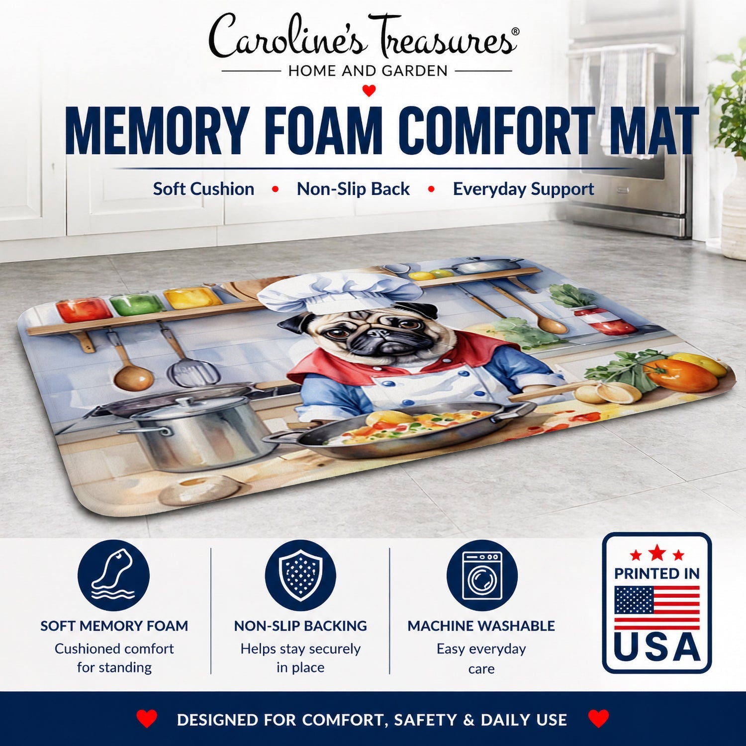 Pug The Chef Memory Foam Kitchen Mat Machine Washable Anti-Fatigue Cushion Comfort Bath or Kitchen Rug