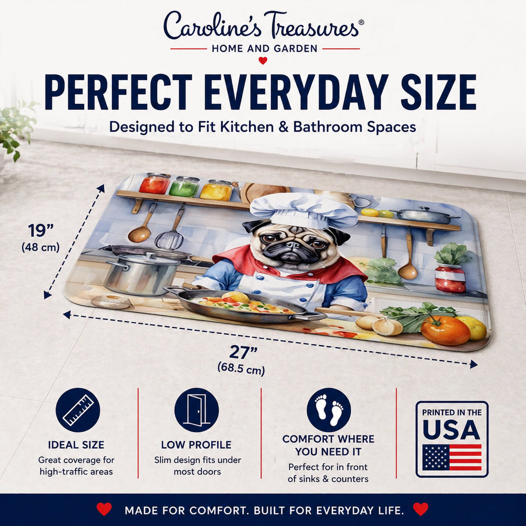 Pug The Chef Memory Foam Kitchen Mat Machine Washable Anti-Fatigue Cushion Comfort Bath or Kitchen Rug