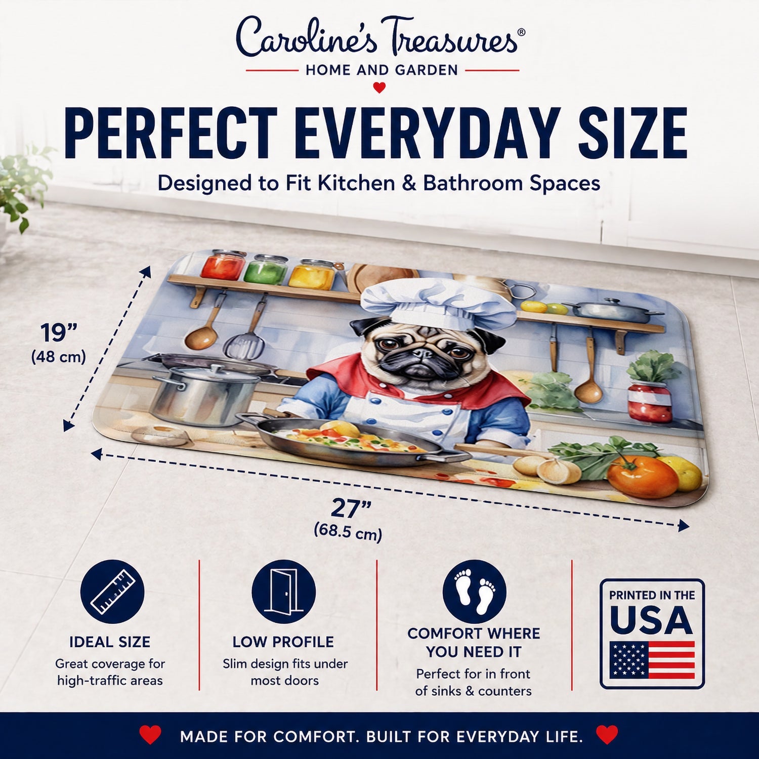 Pug The Chef Memory Foam Kitchen Mat Machine Washable Anti-Fatigue Cushion Comfort Bath or Kitchen Rug