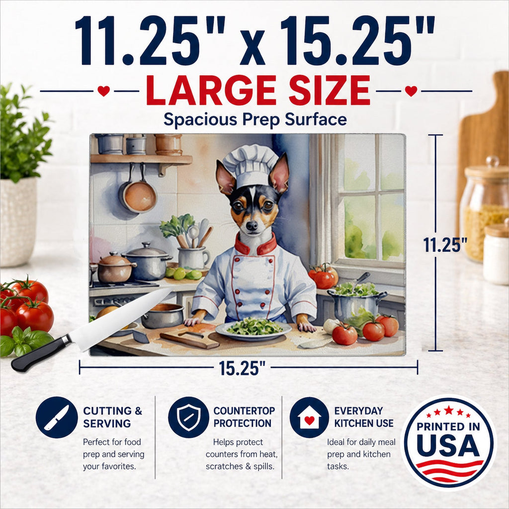 Rat Terrier The Chef Cutting Board Tempered Glass Kitchen Cutting Surface, Heat Resistant Chopping, Non-Slip Feet, Food Prep & Serving