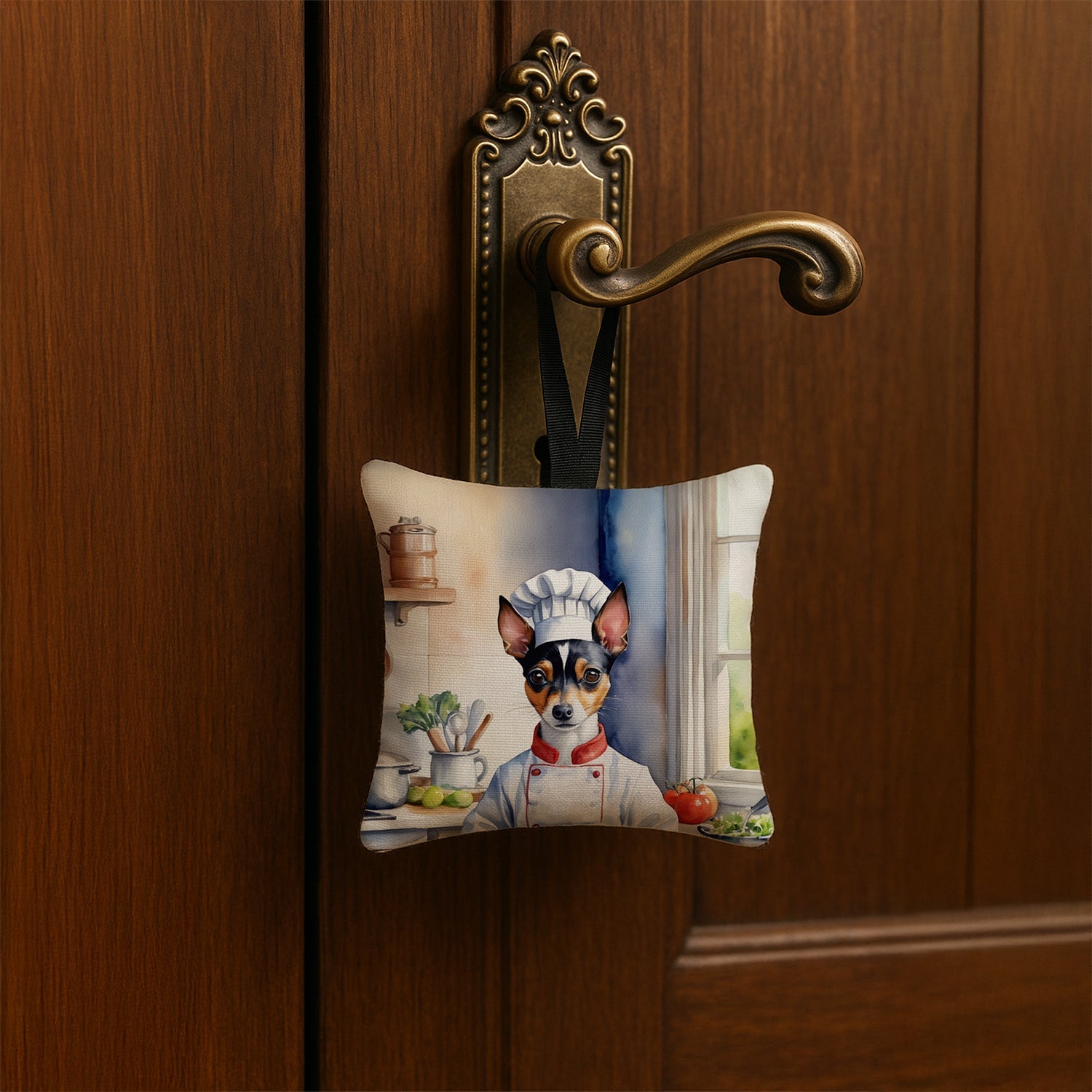 Rat Terrier The Chef Hanging Square Fabric Ornament 3.5 × 3.5 Decorative Door-Knob & Tree Hanger, Soft Fabric