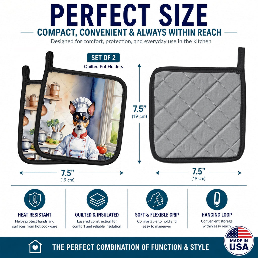 Rat Terrier The Chef Pot Holder Set of 2 Heat Resistant Quilted Hot Pads 7.5 x 7.5 Inch, Insulated Kitchen Trivets for Cooking & Baking