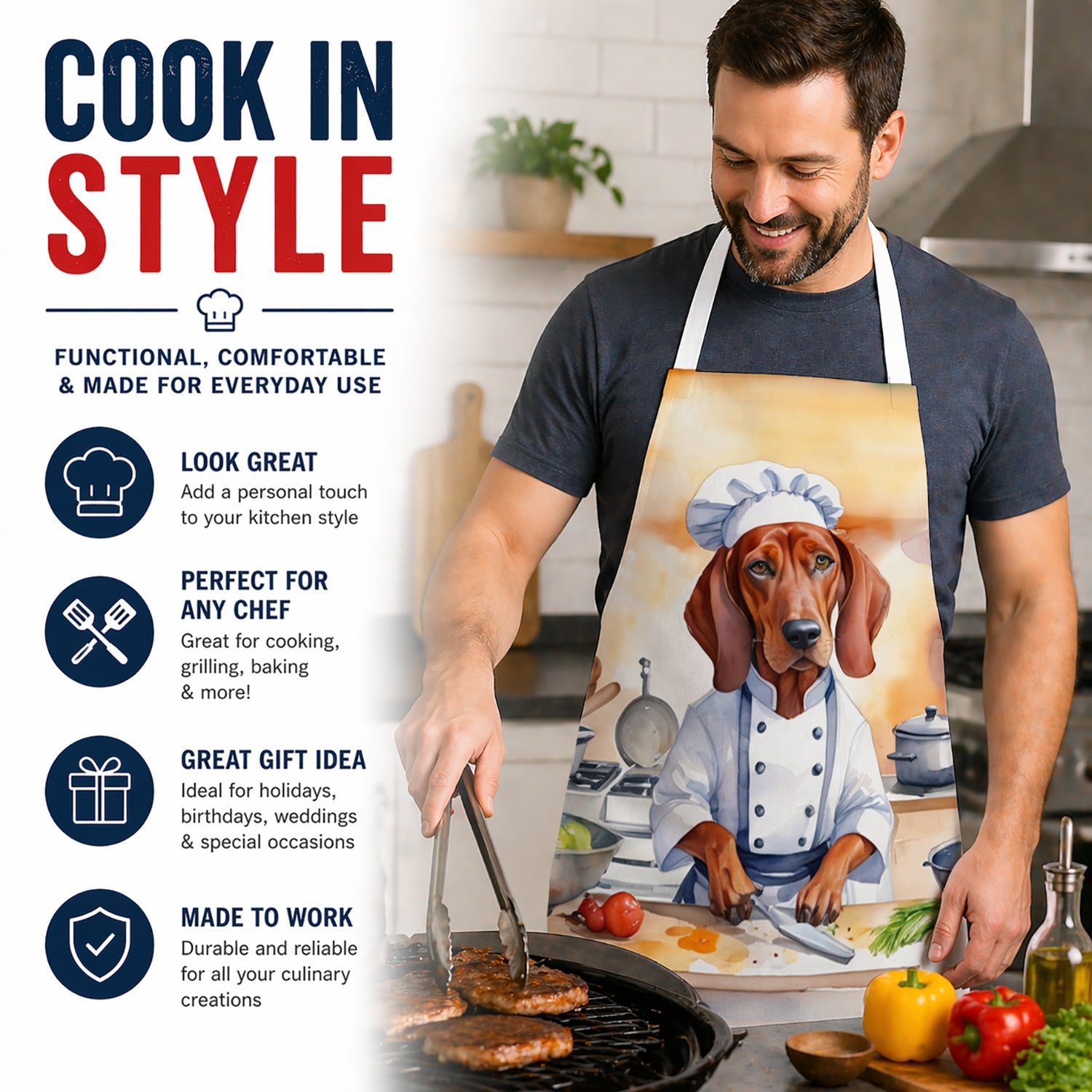 Redbone Coonhound The Chef Apron Cooking Kitchen Server Baking Crafts Gardening for Adult Women Men, Unisex, Large, Multicolor