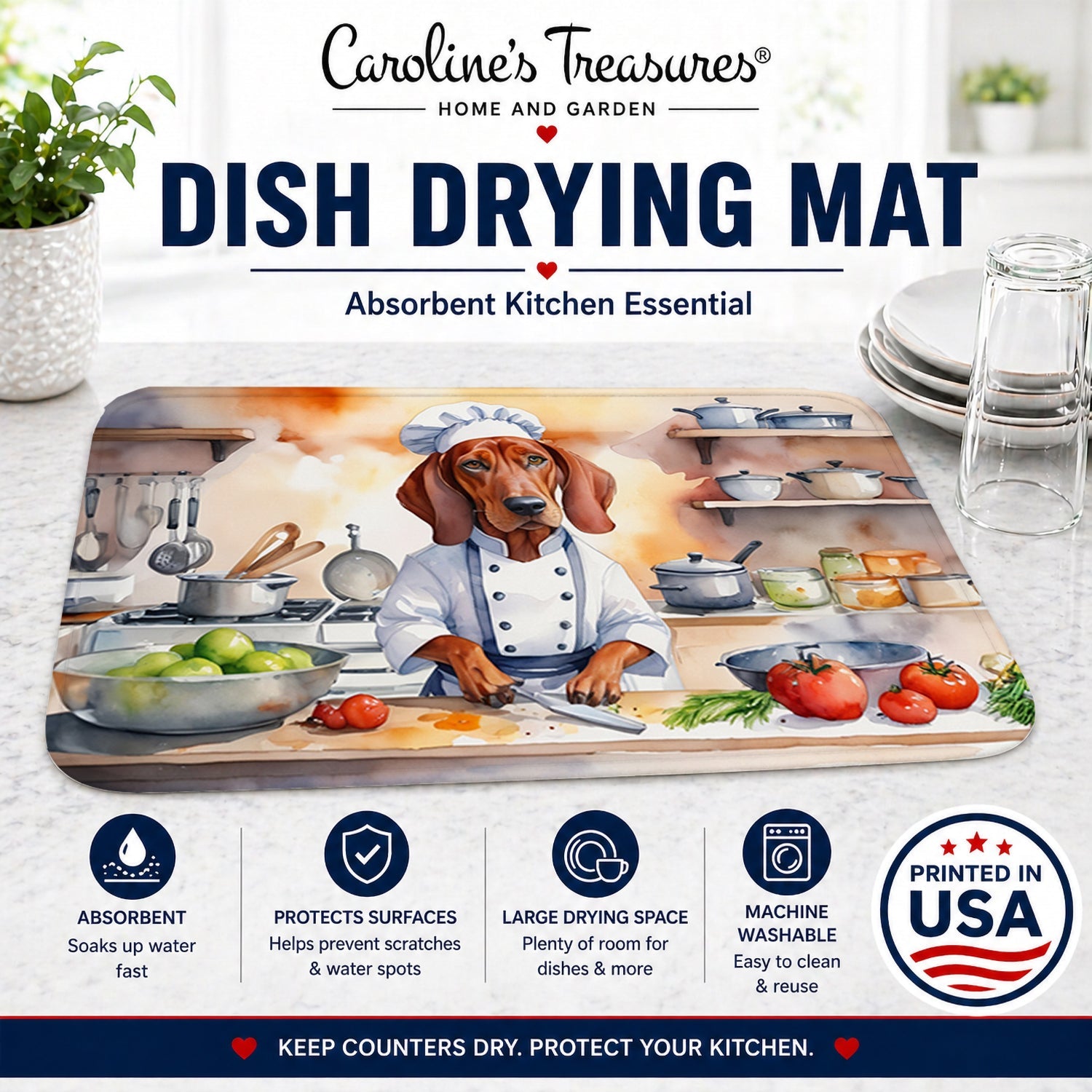 Redbone Coonhound The Chef Dish Drying Mat Absorbent Dish Drying Mat Pad for Kitchen Counter Dish Drainer Mat for Countertop, 14 x 21", Multicolor