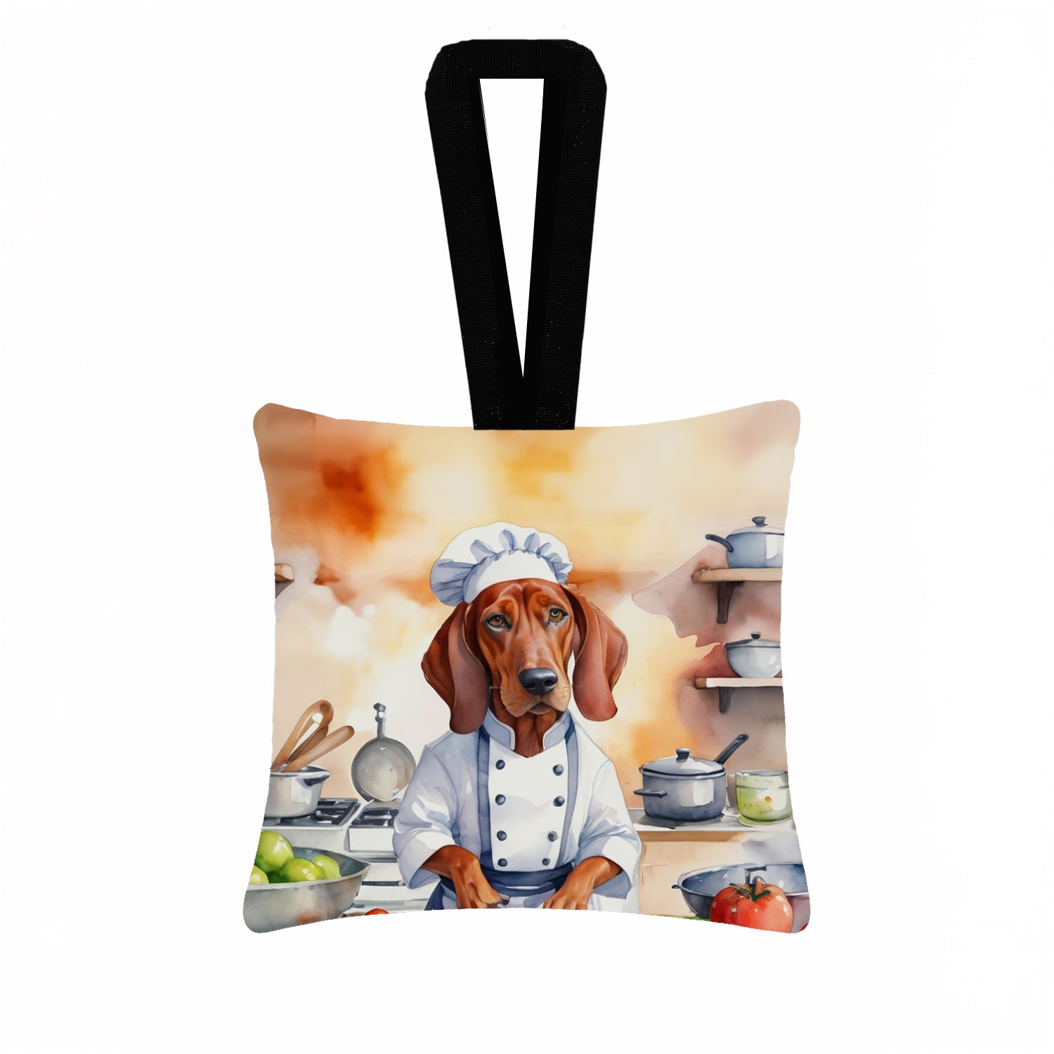 Redbone Coonhound The Chef Hanging Square Fabric Ornament 3.5 × 3.5 Decorative Door-Knob & Tree Hanger, Soft Fabric