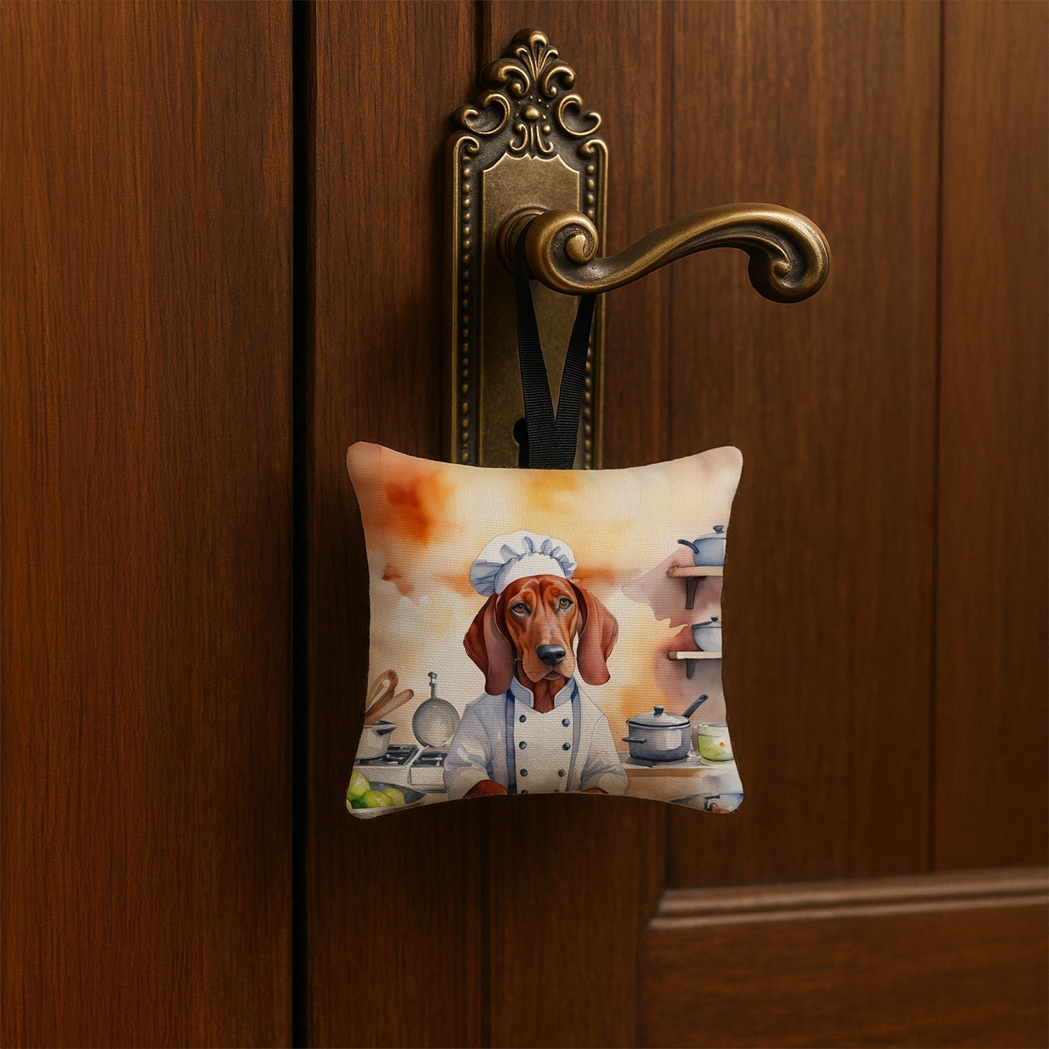 Redbone Coonhound The Chef Hanging Square Fabric Ornament 3.5 × 3.5 Decorative Door-Knob & Tree Hanger, Soft Fabric
