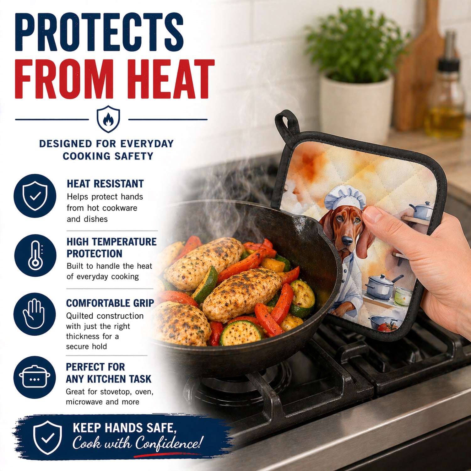 Redbone Coonhound The Chef Pot Holder Set of 2 Heat Resistant Quilted Hot Pads 7.5 x 7.5 Inch, Insulated Kitchen Trivets for Cooking & Baking