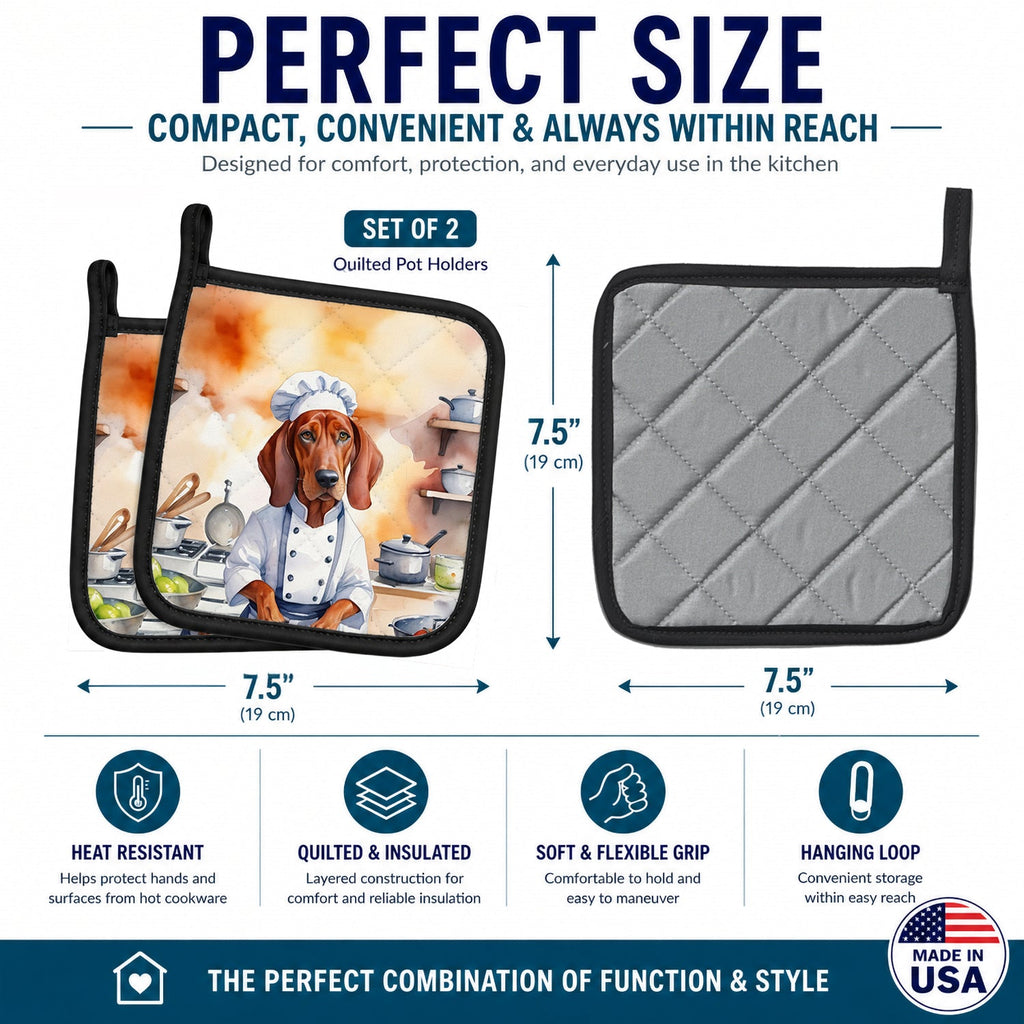 Redbone Coonhound The Chef Pot Holder Set of 2 Heat Resistant Quilted Hot Pads 7.5 x 7.5 Inch, Insulated Kitchen Trivets for Cooking & Baking
