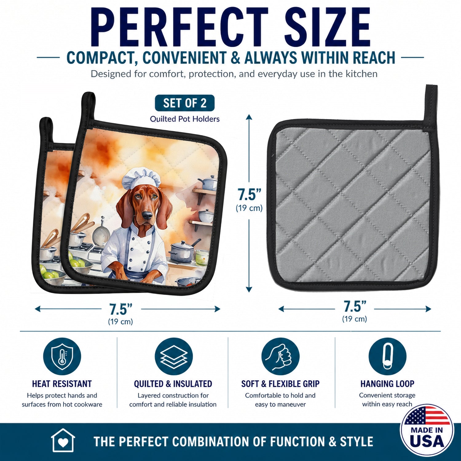 Redbone Coonhound The Chef Pot Holder Set of 2 Heat Resistant Quilted Hot Pads 7.5 x 7.5 Inch, Insulated Kitchen Trivets for Cooking & Baking