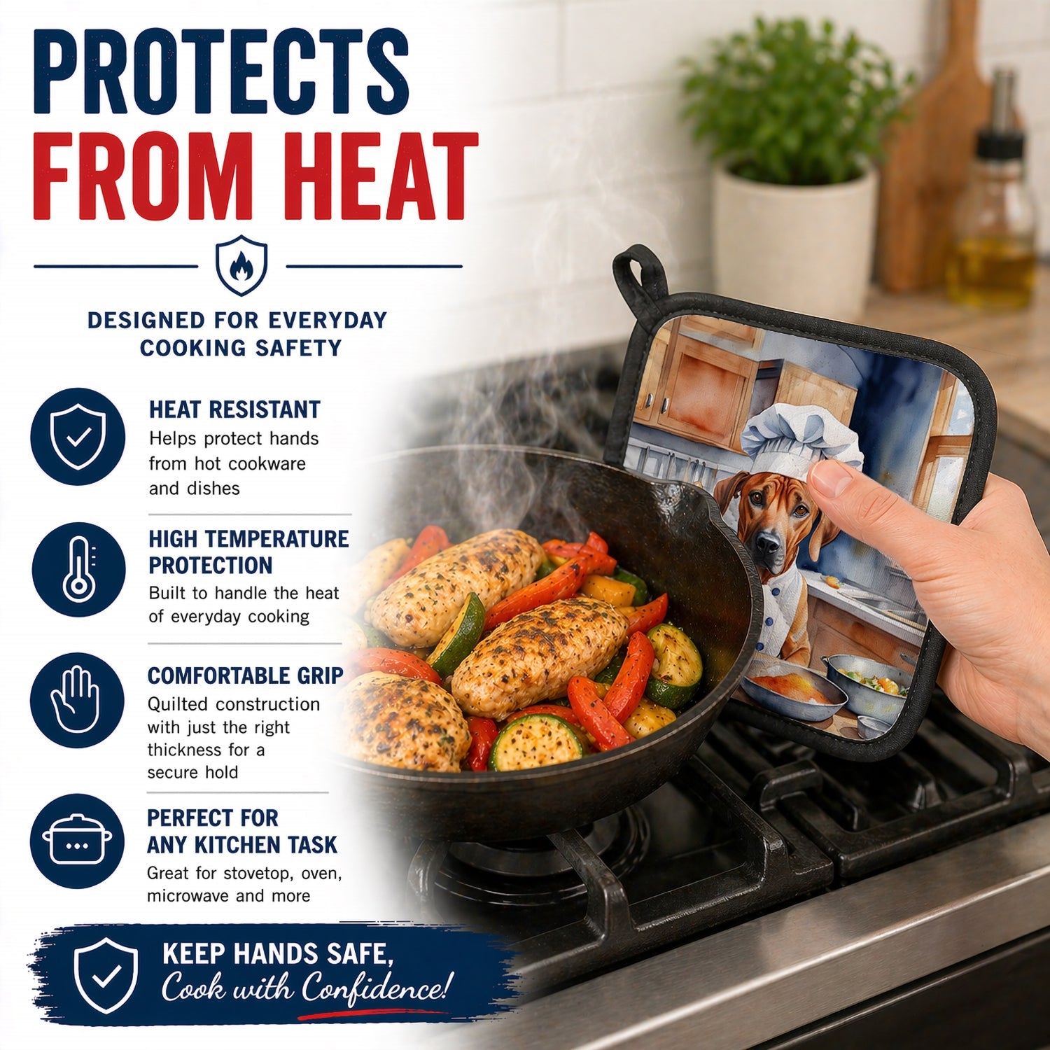Rhodesian Ridgeback The Chef Pot Holder Set of 2 Heat Resistant Quilted Hot Pads 7.5 x 7.5 Inch, Insulated Kitchen Trivets for Cooking & Baking