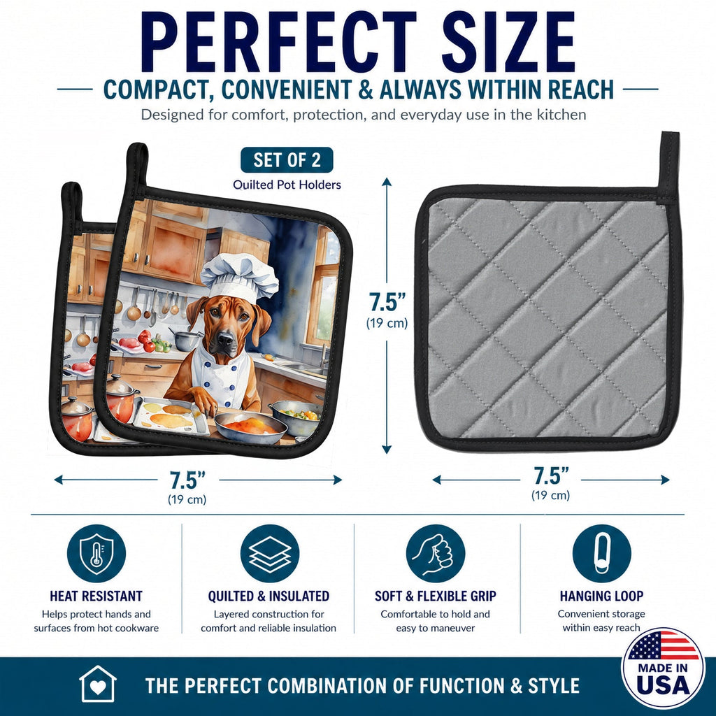 Rhodesian Ridgeback The Chef Pot Holder Set of 2 Heat Resistant Quilted Hot Pads 7.5 x 7.5 Inch, Insulated Kitchen Trivets for Cooking & Baking