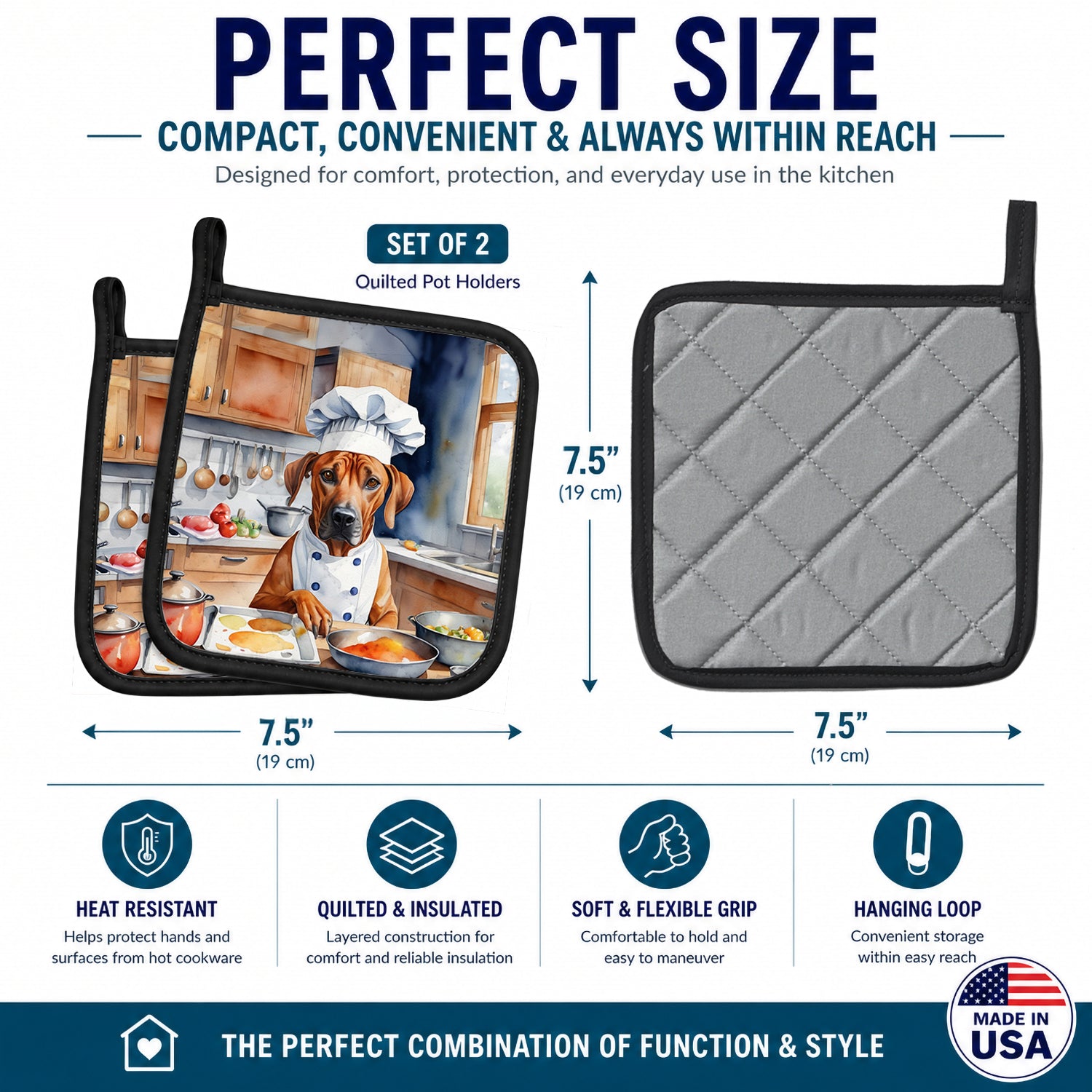 Rhodesian Ridgeback The Chef Pot Holder Set of 2 Heat Resistant Quilted Hot Pads 7.5 x 7.5 Inch, Insulated Kitchen Trivets for Cooking & Baking