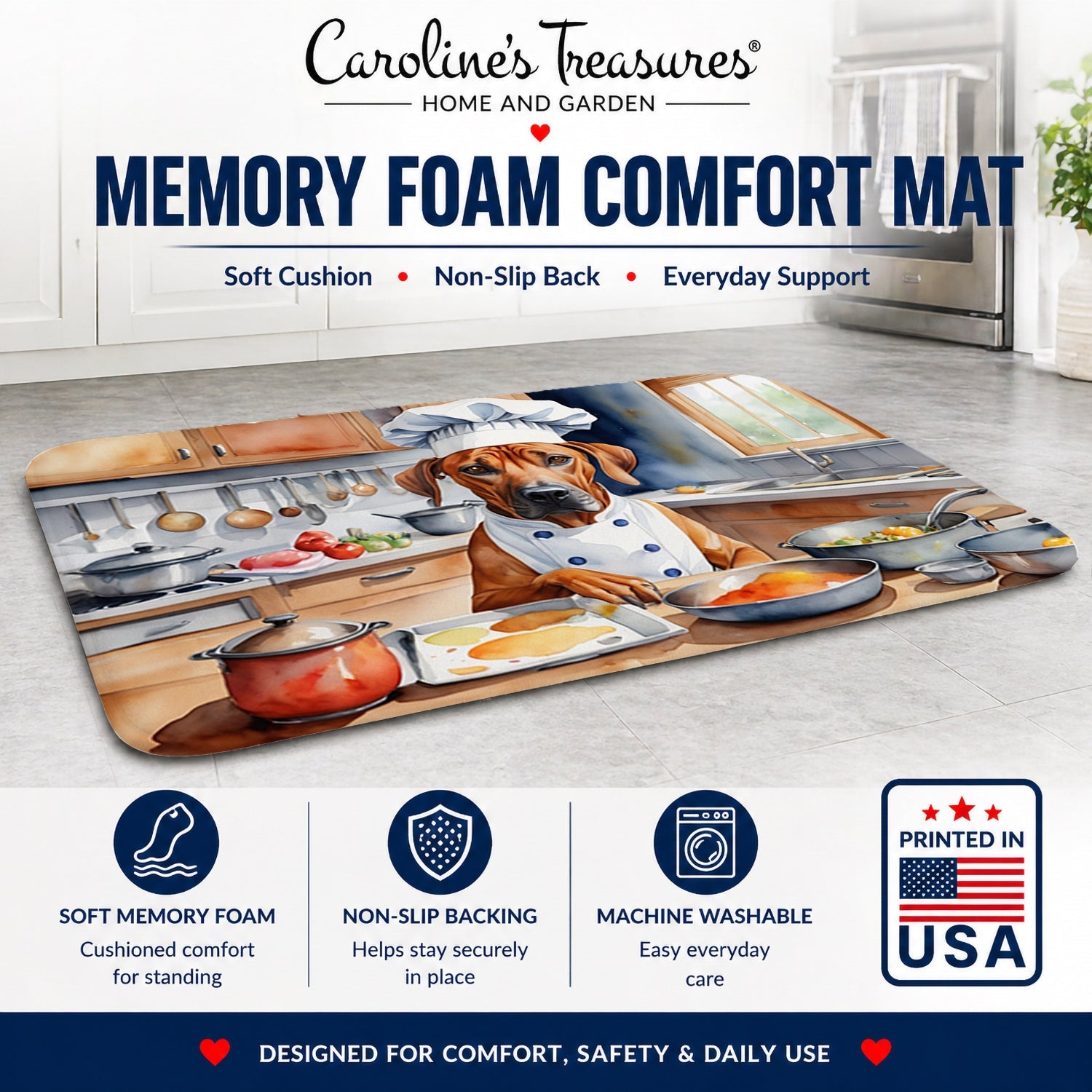 Rhodesian Ridgeback The Chef Memory Foam Kitchen Mat Machine Washable Anti-Fatigue Cushion Comfort Bath or Kitchen Rug