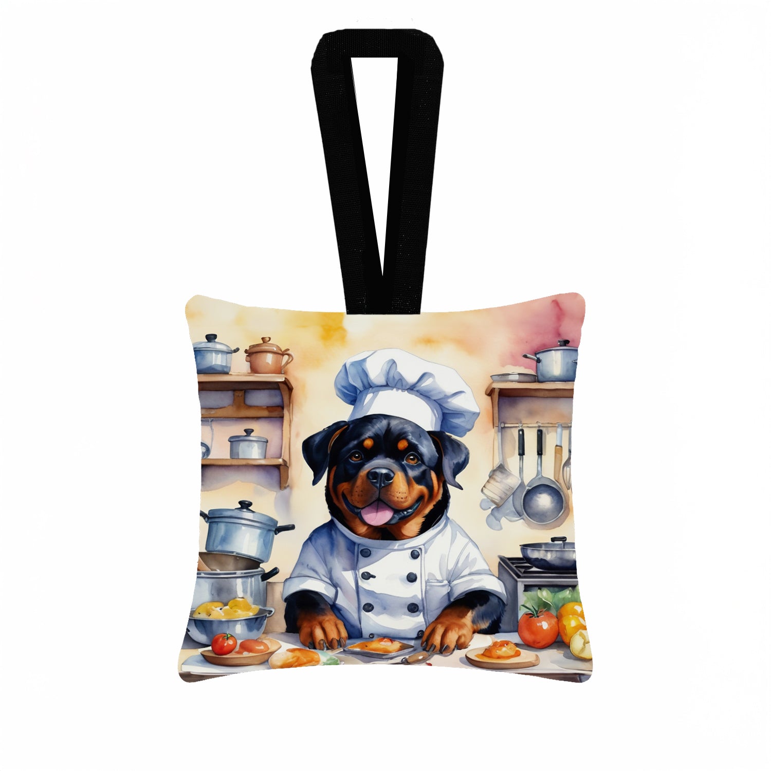 Rottweiler The Chef Hanging Square Fabric Ornament 3.5 × 3.5 Decorative Door-Knob & Tree Hanger, Soft Fabric