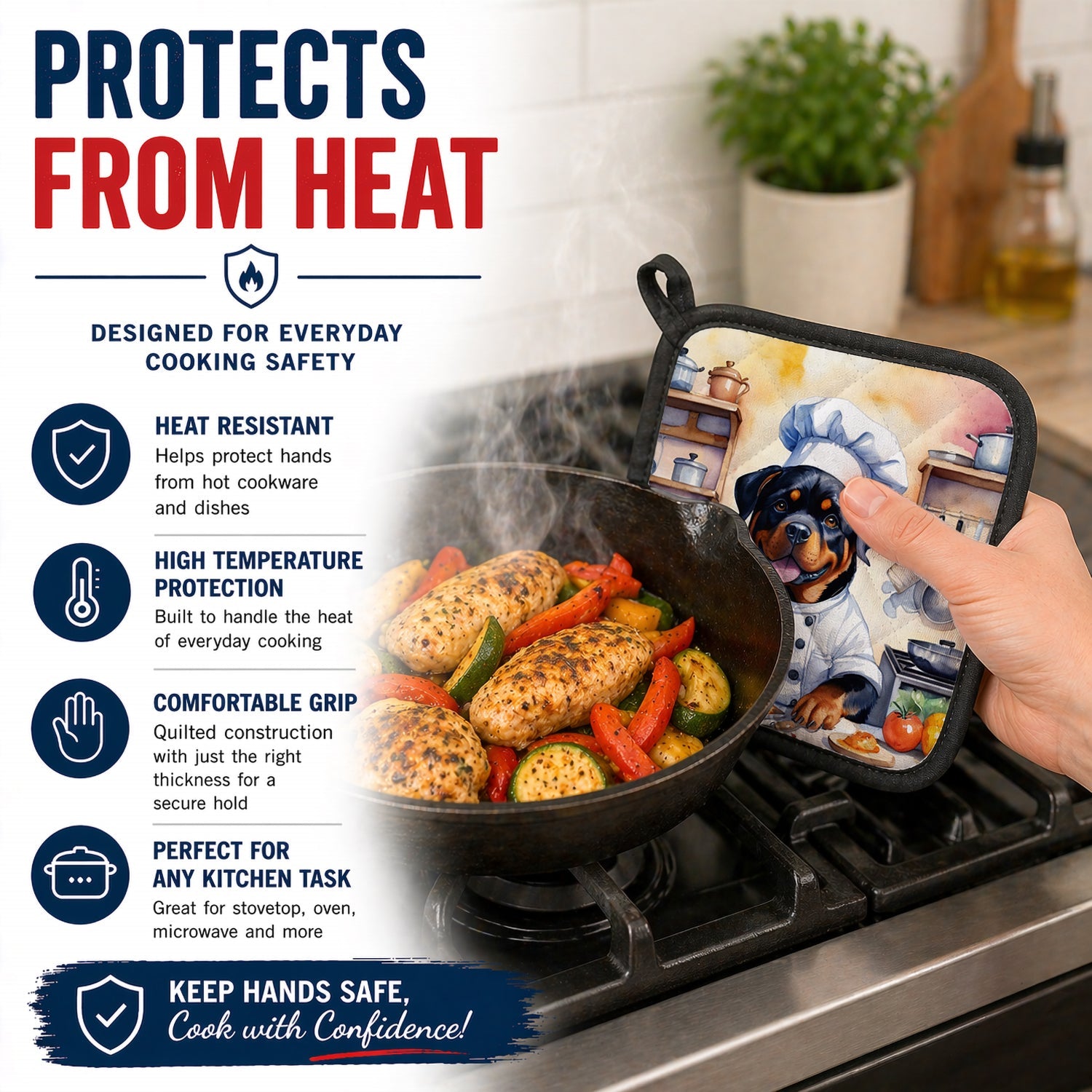 Rottweiler The Chef Pot Holder Set of 2 Heat Resistant Quilted Hot Pads 7.5 x 7.5 Inch, Insulated Kitchen Trivets for Cooking & Baking