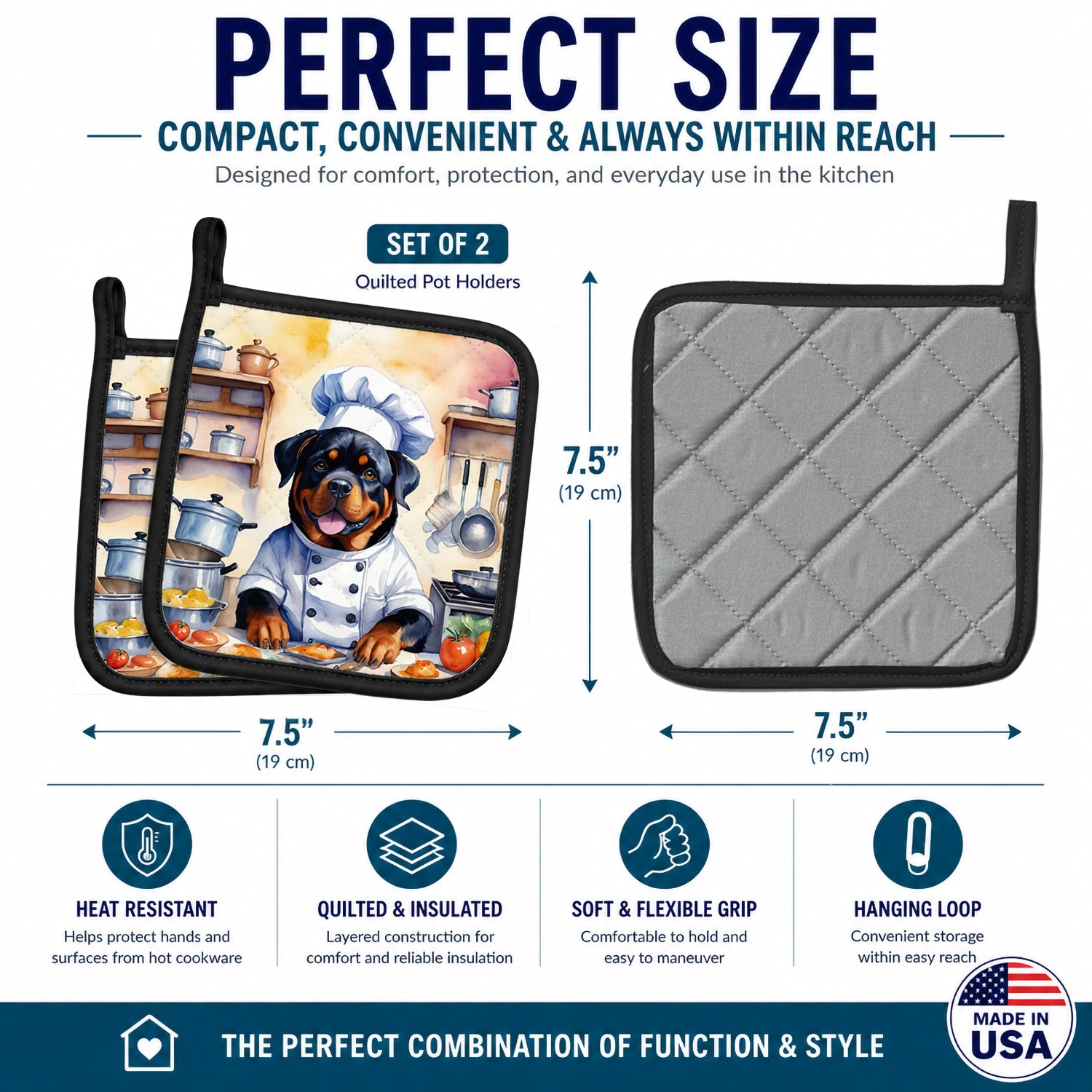 Rottweiler The Chef Pot Holder Set of 2 Heat Resistant Quilted Hot Pads 7.5 x 7.5 Inch, Insulated Kitchen Trivets for Cooking & Baking