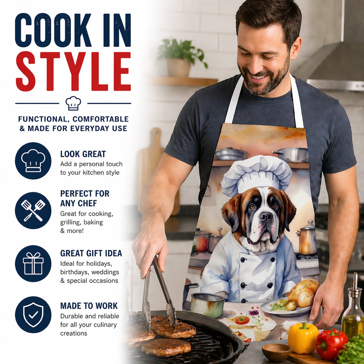 Saint Bernard The Chef Apron Cooking Kitchen Server Baking Crafts Gardening for Adult Women Men, Unisex, Large, Multicolor