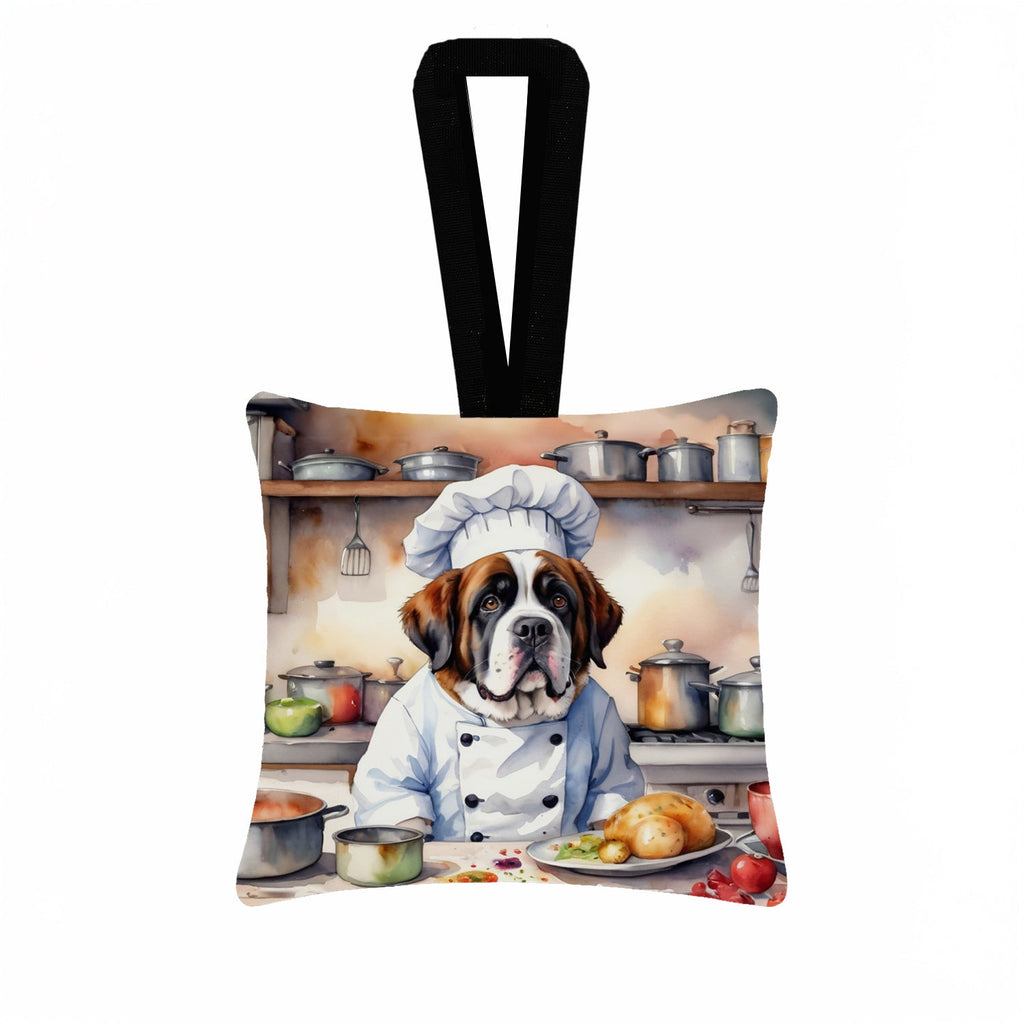 Saint Bernard The Chef Hanging Square Fabric Ornament 3.5 × 3.5 Decorative Door-Knob & Tree Hanger, Soft Fabric