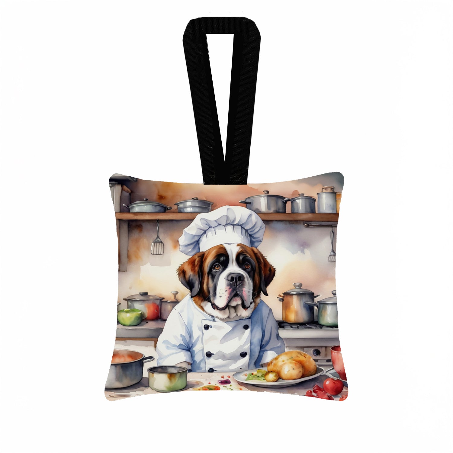 Saint Bernard The Chef Hanging Square Fabric Ornament 3.5 × 3.5 Decorative Door-Knob & Tree Hanger, Soft Fabric