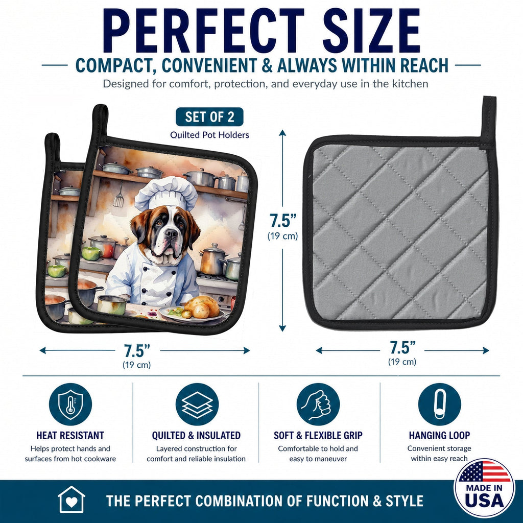 Saint Bernard The Chef Pot Holder Set of 2 Heat Resistant Quilted Hot Pads 7.5 x 7.5 Inch, Insulated Kitchen Trivets for Cooking & Baking
