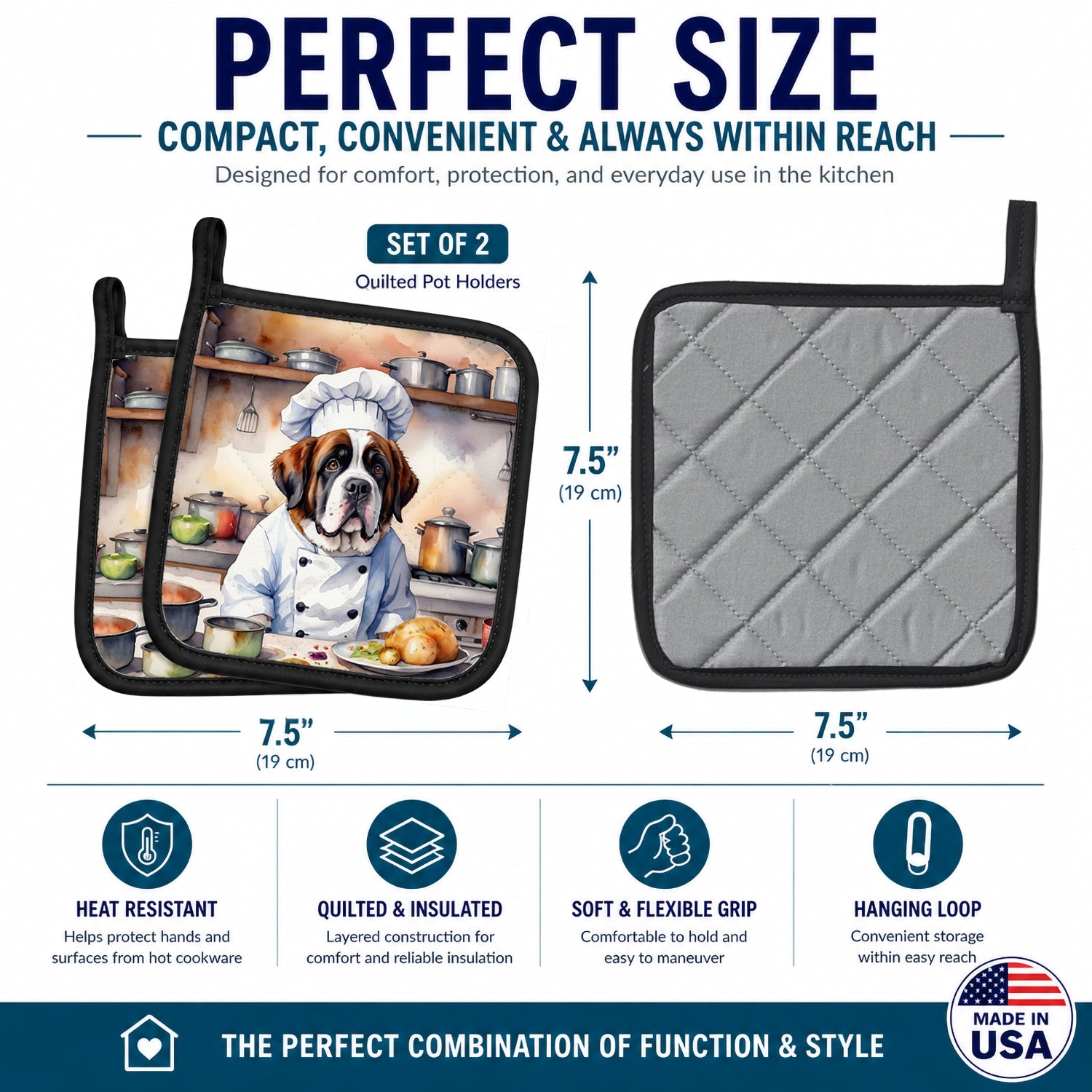 Saint Bernard The Chef Pot Holder Set of 2 Heat Resistant Quilted Hot Pads 7.5 x 7.5 Inch, Insulated Kitchen Trivets for Cooking & Baking
