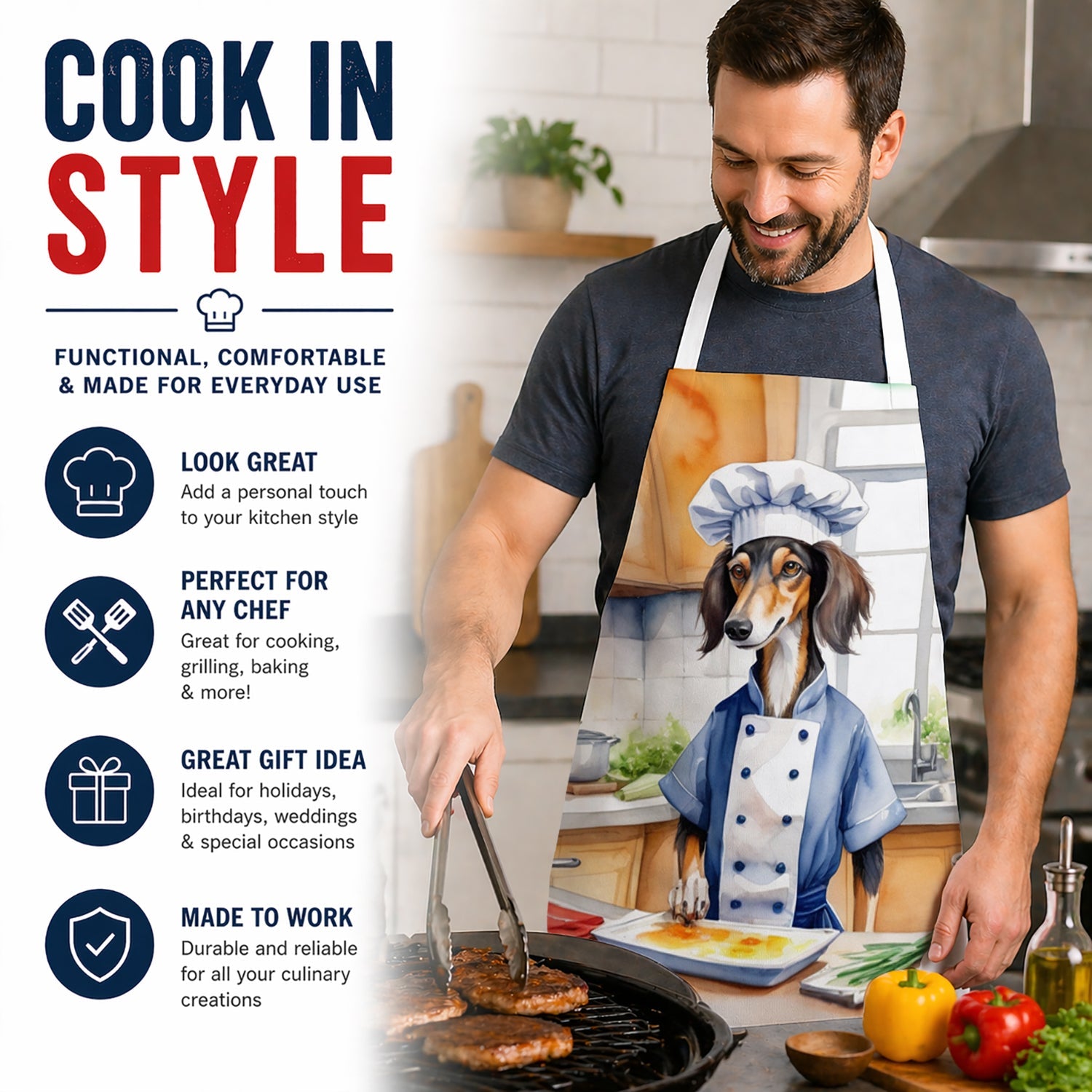 Saluki The Chef Apron Cooking Kitchen Server Baking Crafts Gardening for Adult Women Men, Unisex, Large, Multicolor