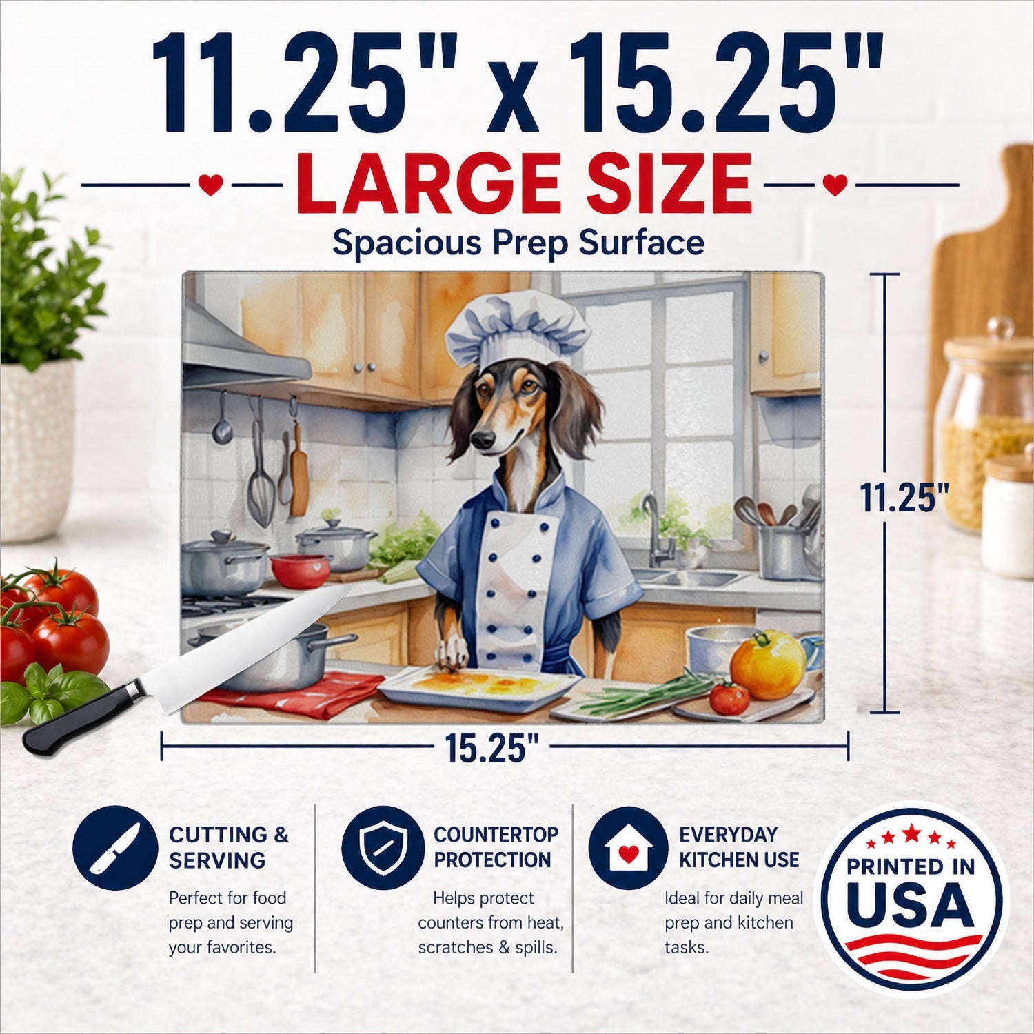 Saluki The Chef Cutting Board Tempered Glass Kitchen Cutting Surface, Heat Resistant Chopping, Non-Slip Feet, Food Prep & Serving