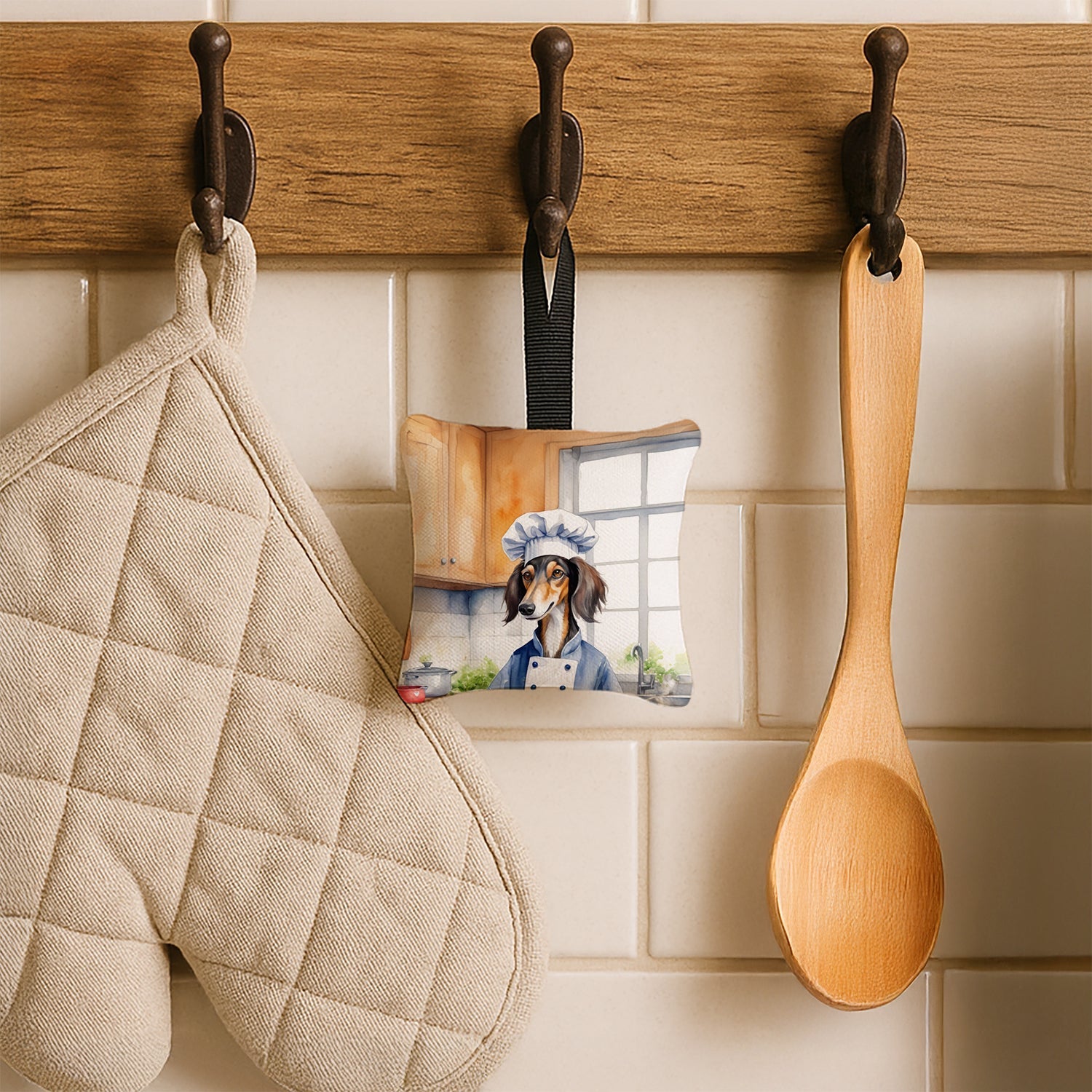 Saluki The Chef Hanging Square Fabric Ornament 3.5 × 3.5 Decorative Door-Knob & Tree Hanger, Soft Fabric