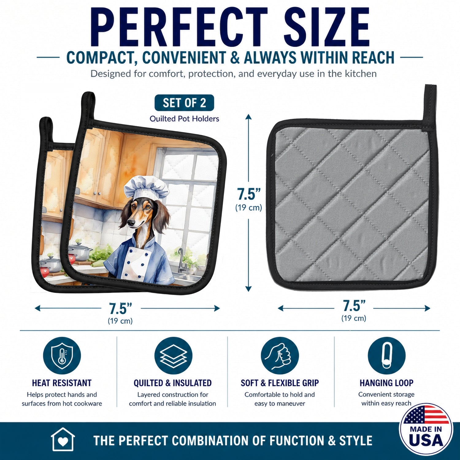 Saluki The Chef Pot Holder Set of 2 Heat Resistant Quilted Hot Pads 7.5 x 7.5 Inch, Insulated Kitchen Trivets for Cooking & Baking