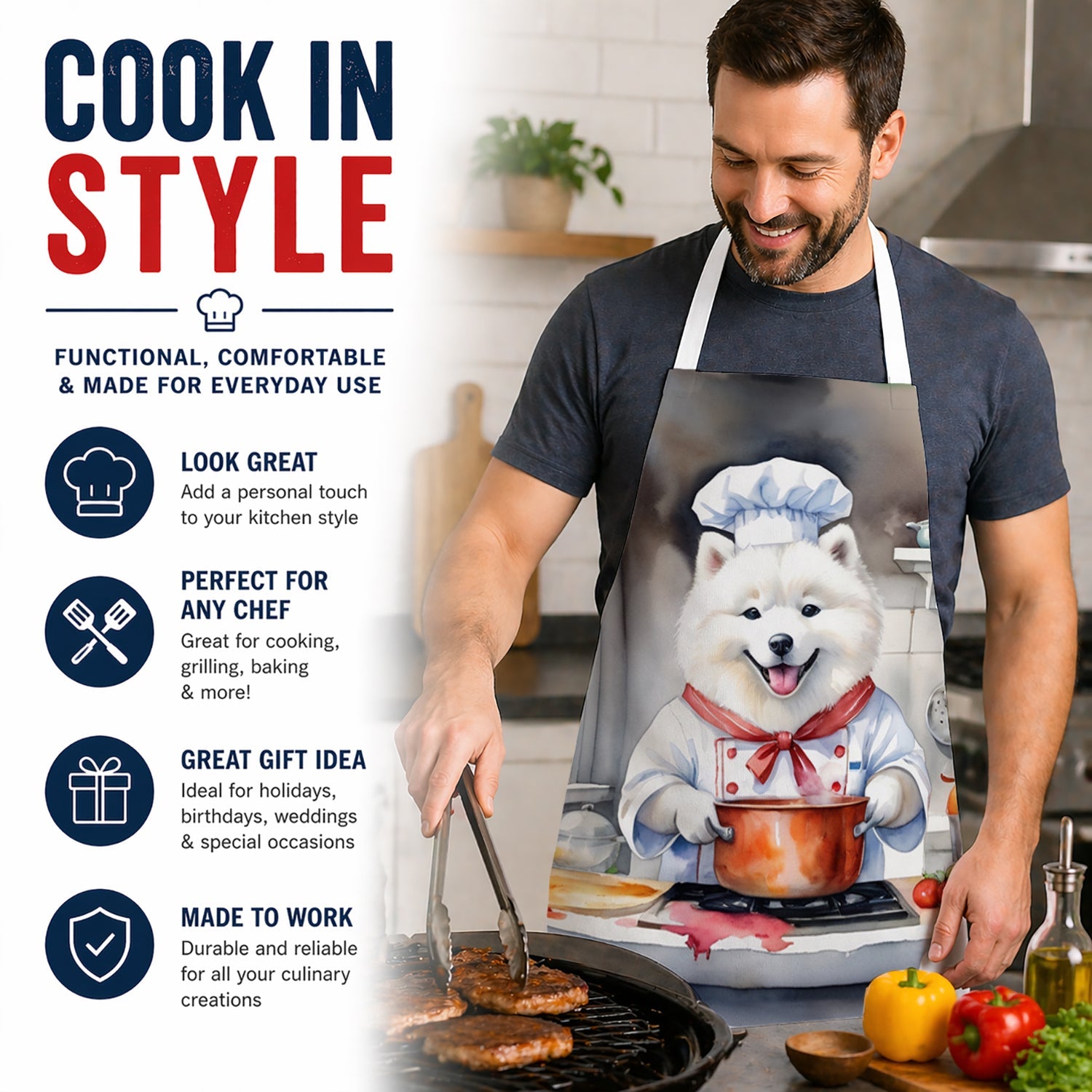 Samoyed The Chef Apron Cooking Kitchen Server Baking Crafts Gardening for Adult Women Men, Unisex, Large, Multicolor