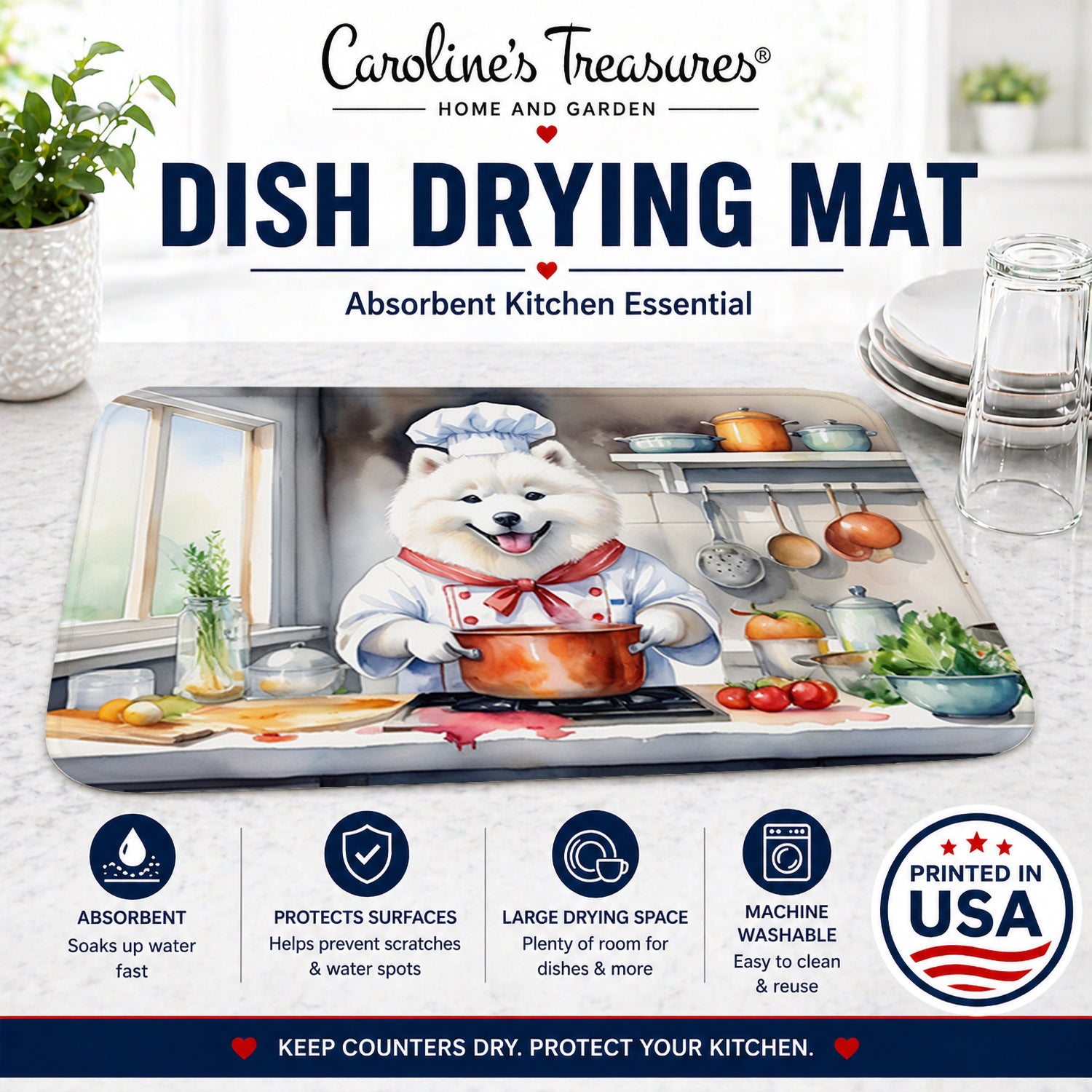 Samoyed The Chef Dish Drying Mat Absorbent Dish Drying Mat Pad for Kitchen Counter Dish Drainer Mat for Countertop, 14 x 21", Multicolor