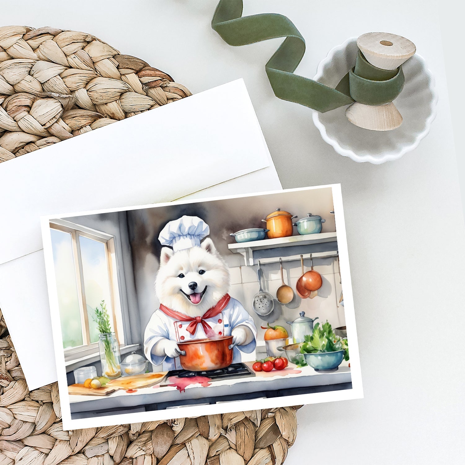 Samoyed The Chef Greeting Cards Pack of 8 Blank Cards with Envelopes Whimsical A7 Size 5x7