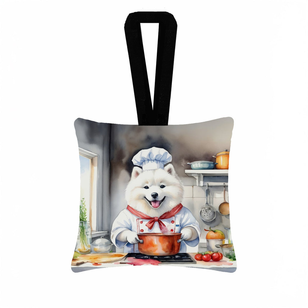 Samoyed The Chef Hanging Square Fabric Ornament 3.5 × 3.5 Decorative Door-Knob & Tree Hanger, Soft Fabric