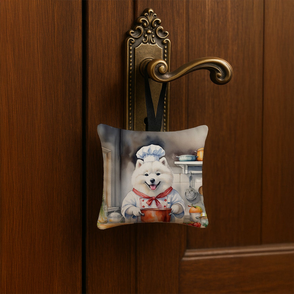 Samoyed The Chef Hanging Square Fabric Ornament 3.5 × 3.5 Decorative Door-Knob & Tree Hanger, Soft Fabric