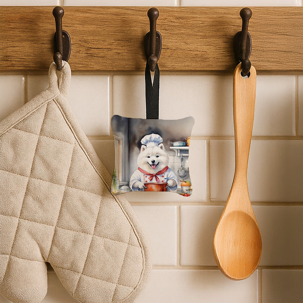 Samoyed The Chef Hanging Square Fabric Ornament 3.5 × 3.5 Decorative Door-Knob & Tree Hanger, Soft Fabric
