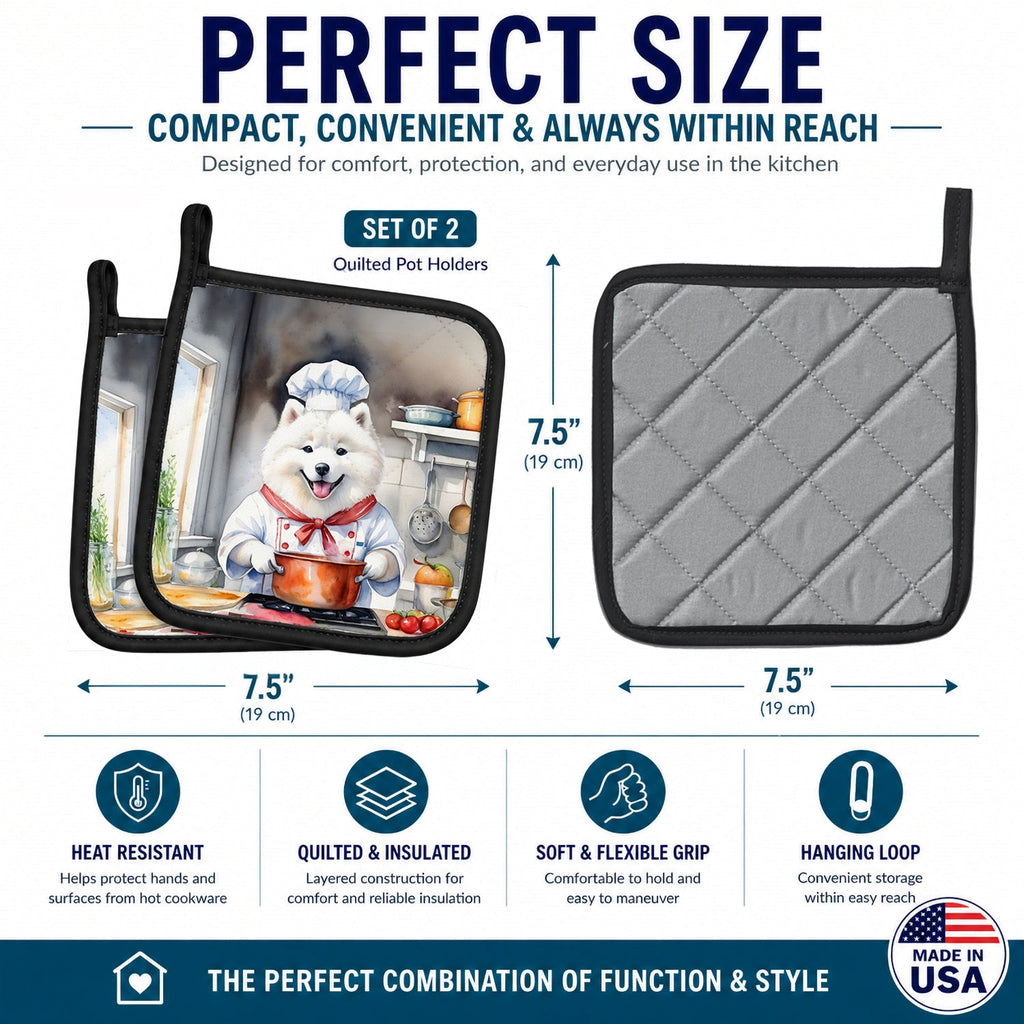 Samoyed The Chef Pot Holder Set of 2 Heat Resistant Quilted Hot Pads 7.5 x 7.5 Inch, Insulated Kitchen Trivets for Cooking & Baking