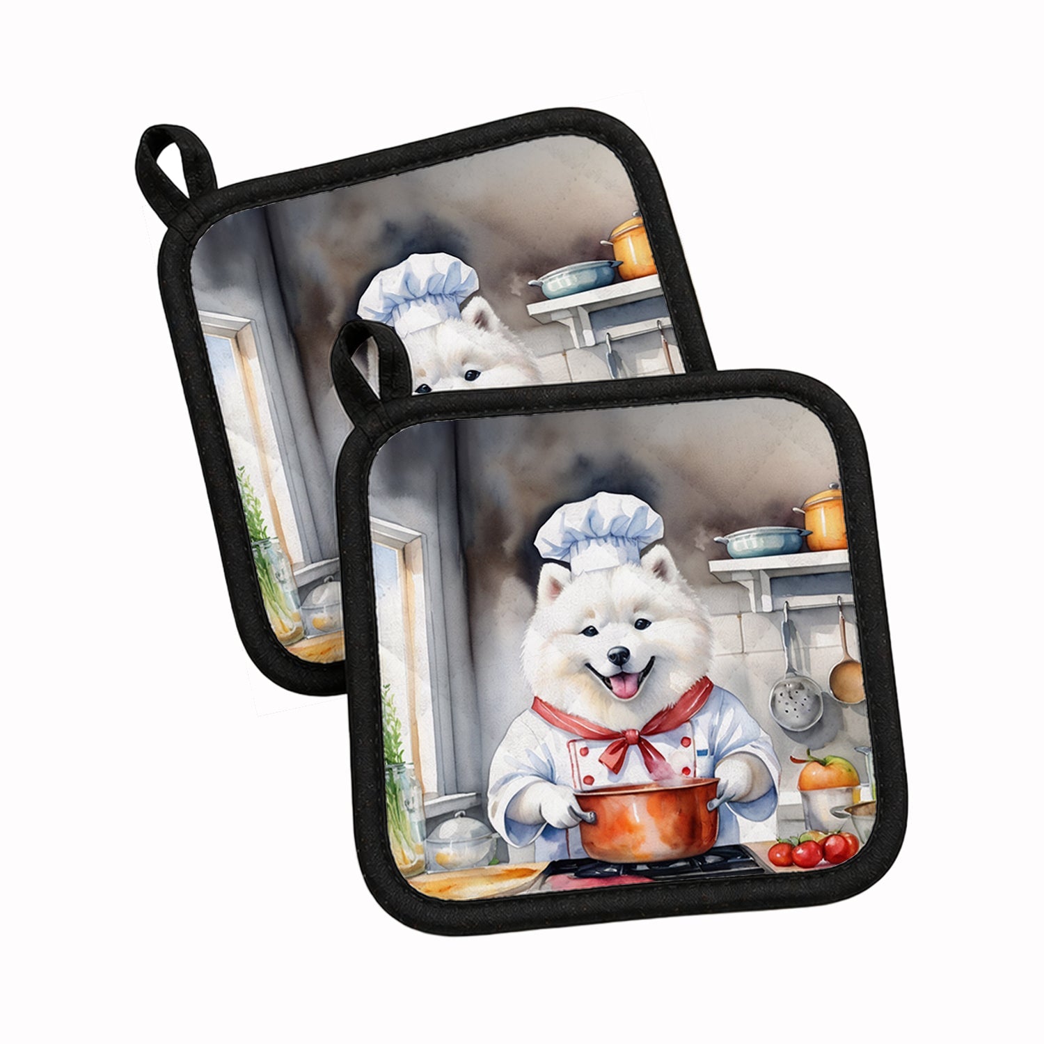 Samoyed The Chef Pot Holder Set of 2 Heat Resistant Quilted Hot Pads 7.5 x 7.5 Inch, Insulated Kitchen Trivets for Cooking & Baking