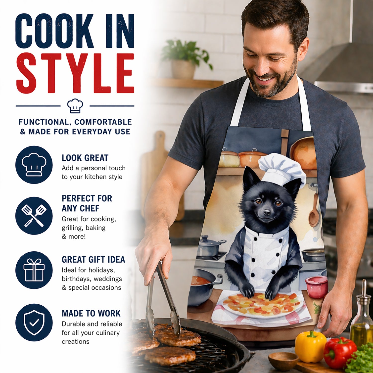 Schipperke The Chef Apron Cooking Kitchen Server Baking Crafts Gardening for Adult Women Men, Unisex, Large, Multicolor