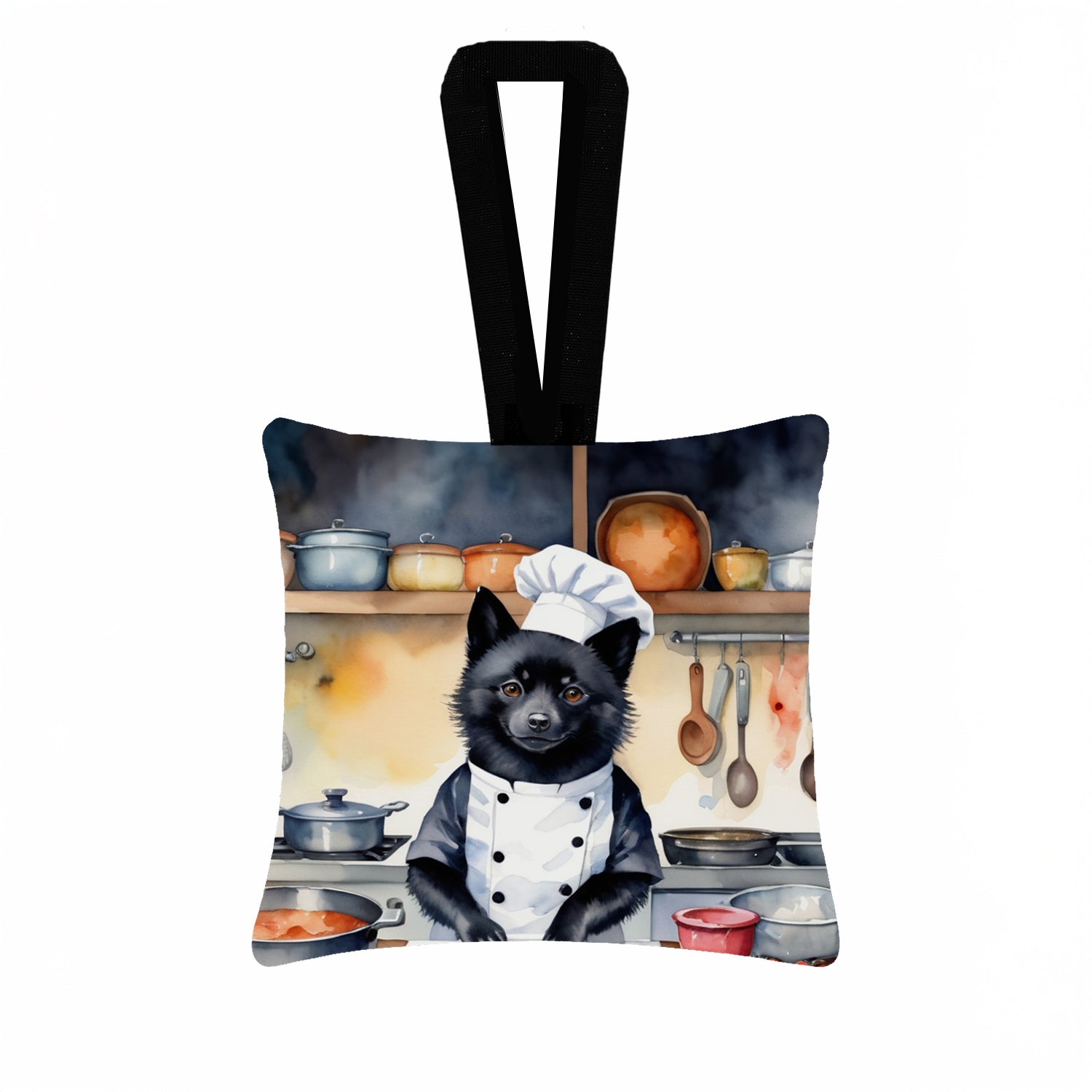 Schipperke The Chef Hanging Square Fabric Ornament 3.5 × 3.5 Decorative Door-Knob & Tree Hanger, Soft Fabric