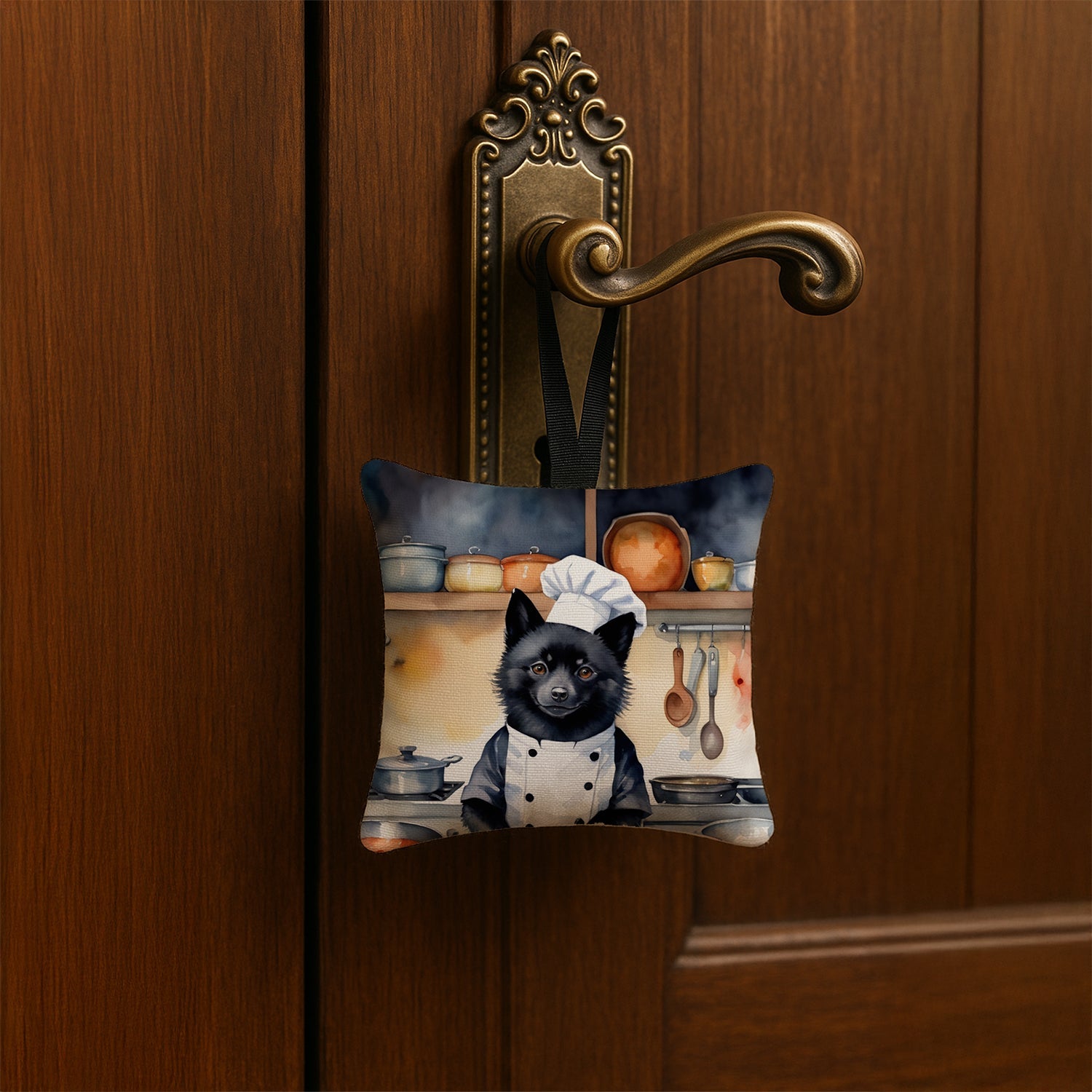 Schipperke The Chef Hanging Square Fabric Ornament 3.5 × 3.5 Decorative Door-Knob & Tree Hanger, Soft Fabric