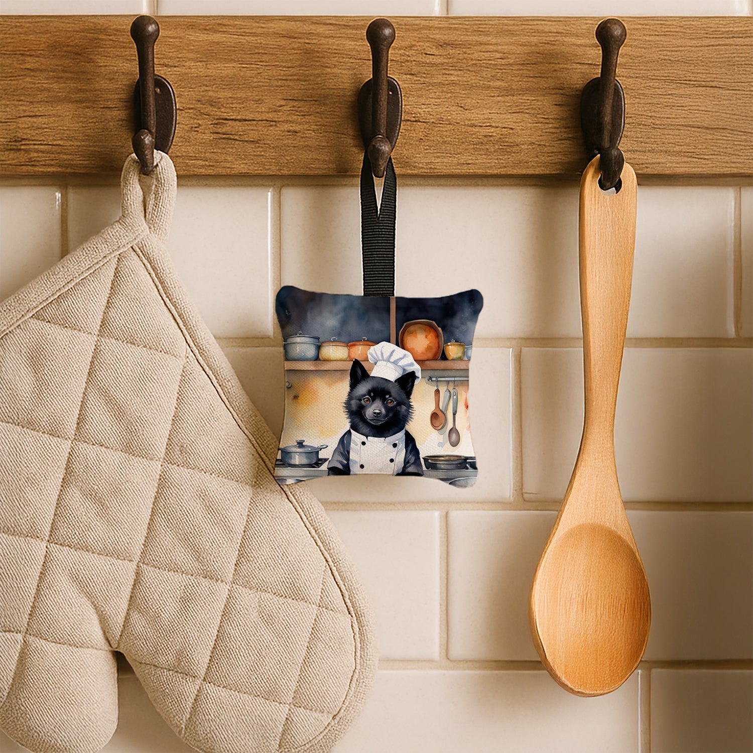 Schipperke The Chef Hanging Square Fabric Ornament 3.5 × 3.5 Decorative Door-Knob & Tree Hanger, Soft Fabric
