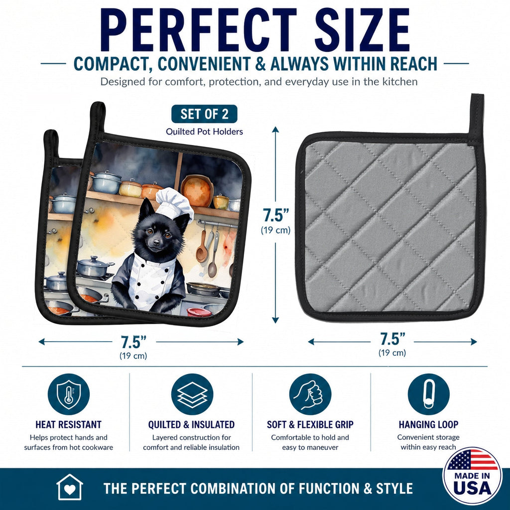 Schipperke The Chef Pot Holder Set of 2 Heat Resistant Quilted Hot Pads 7.5 x 7.5 Inch, Insulated Kitchen Trivets for Cooking & Baking