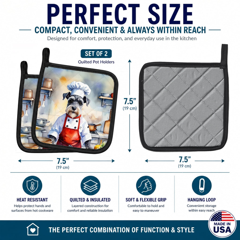 Schnauzer The Chef Pot Holder Set of 2 Heat Resistant Quilted Hot Pads 7.5 x 7.5 Inch, Insulated Kitchen Trivets for Cooking & Baking