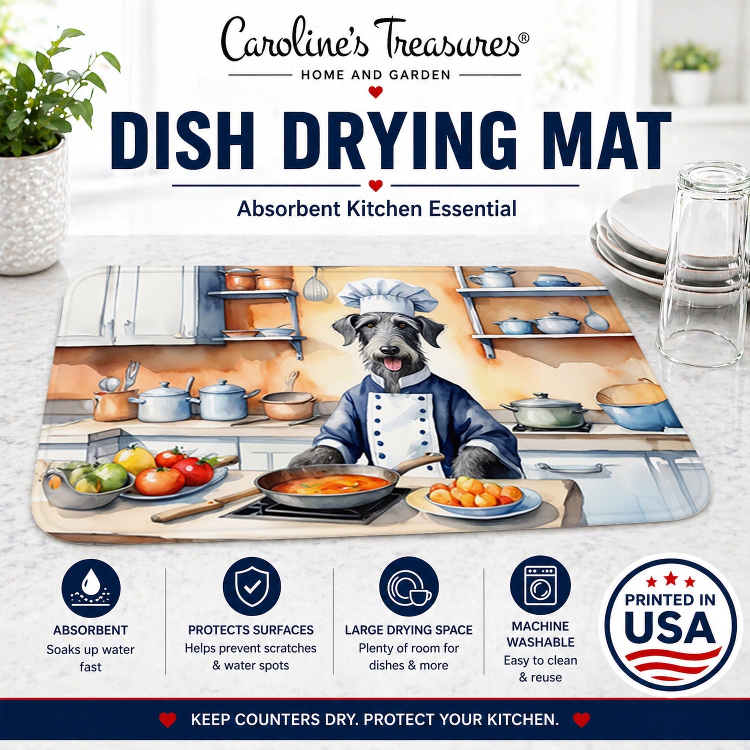 Scottish Deerhound The Chef Dish Drying Mat Absorbent Dish Drying Mat Pad for Kitchen Counter Dish Drainer Mat for Countertop, 14 x 21", Multicolor